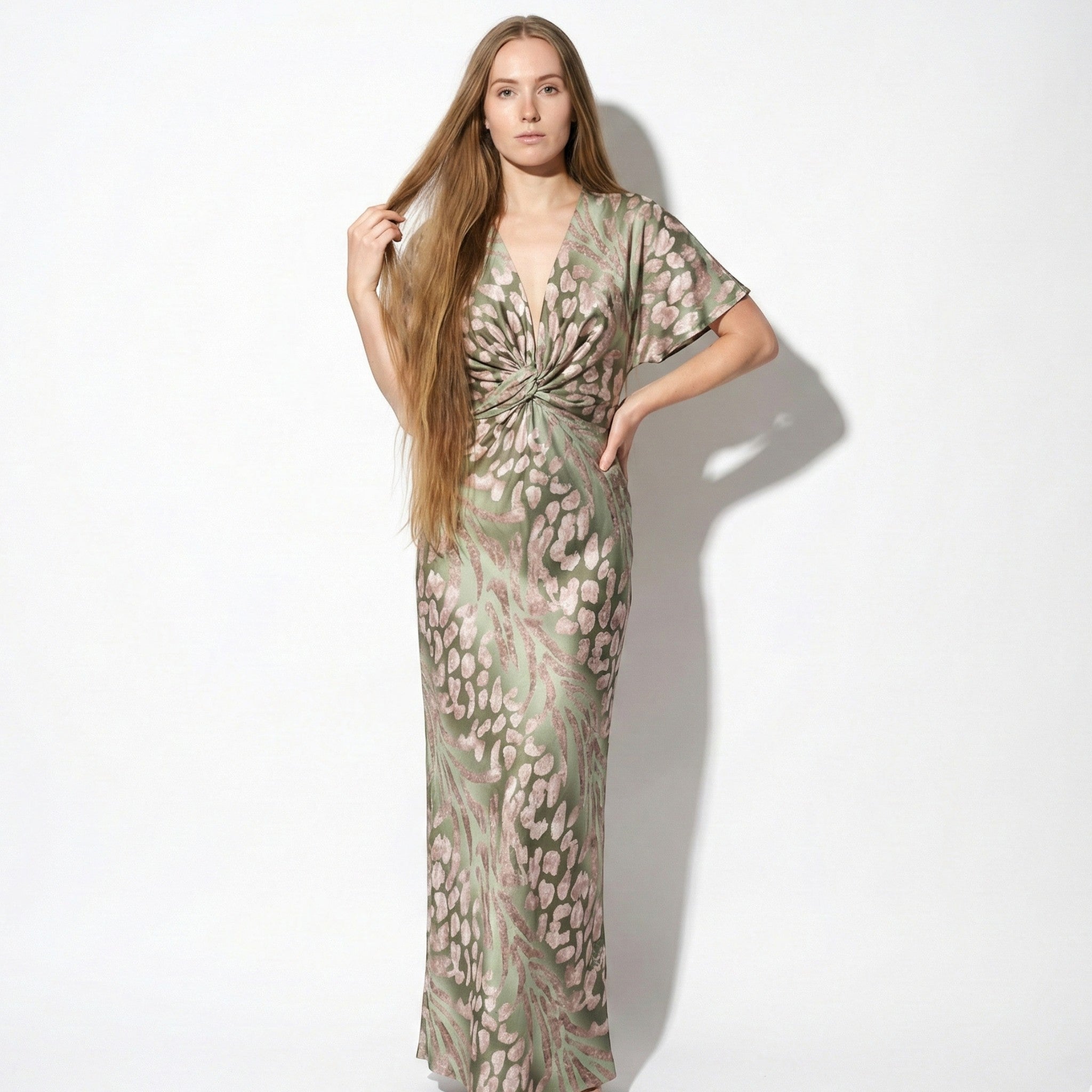 Maya - Women's V - Neck Maxi Dress with Knotted Waist - Dresses - Pink - Taylor & Bennett
