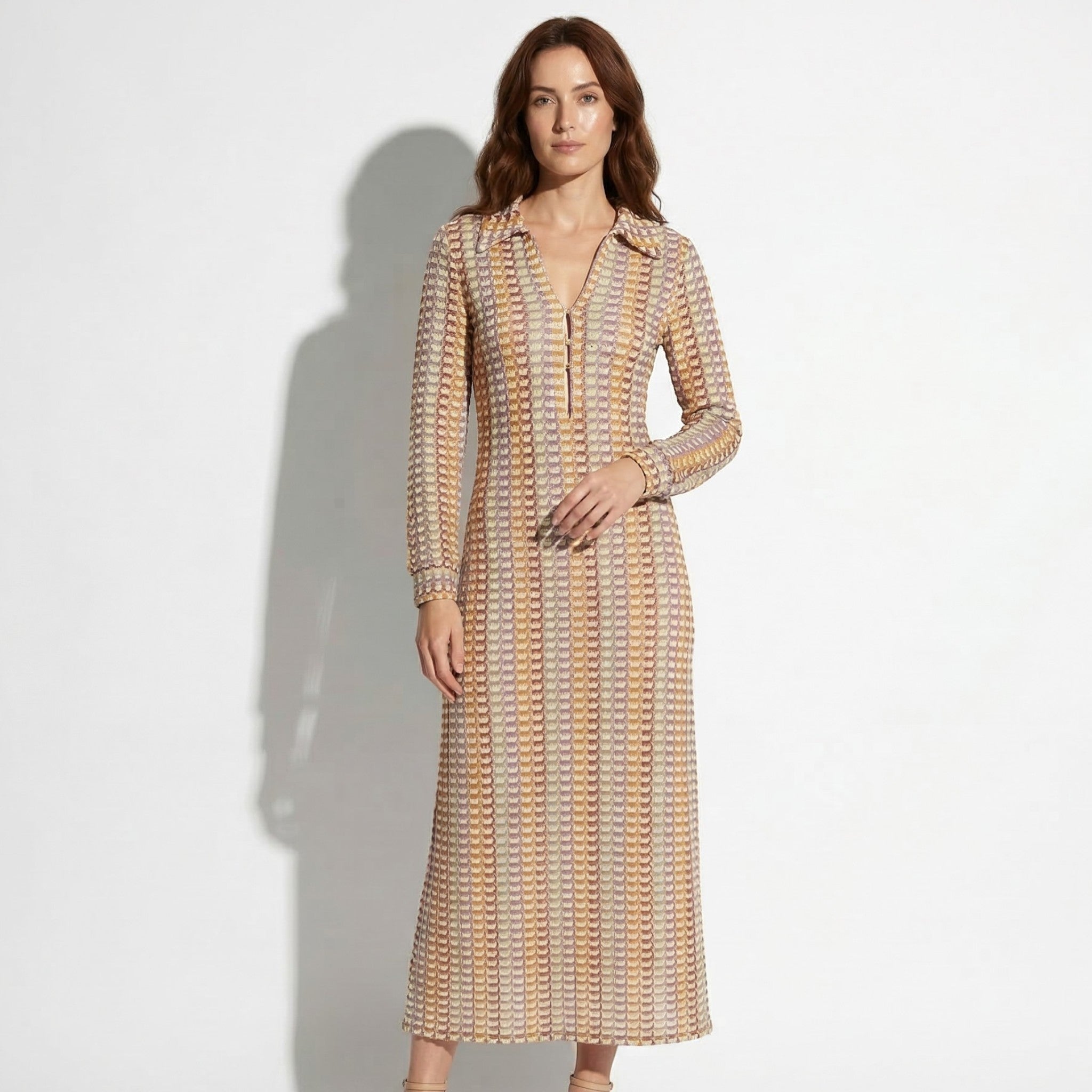 Mia - Women's Geometric Print Long Sleeve Maxi Dress - Maxi Dresses - Brown - Taylor & Bennett