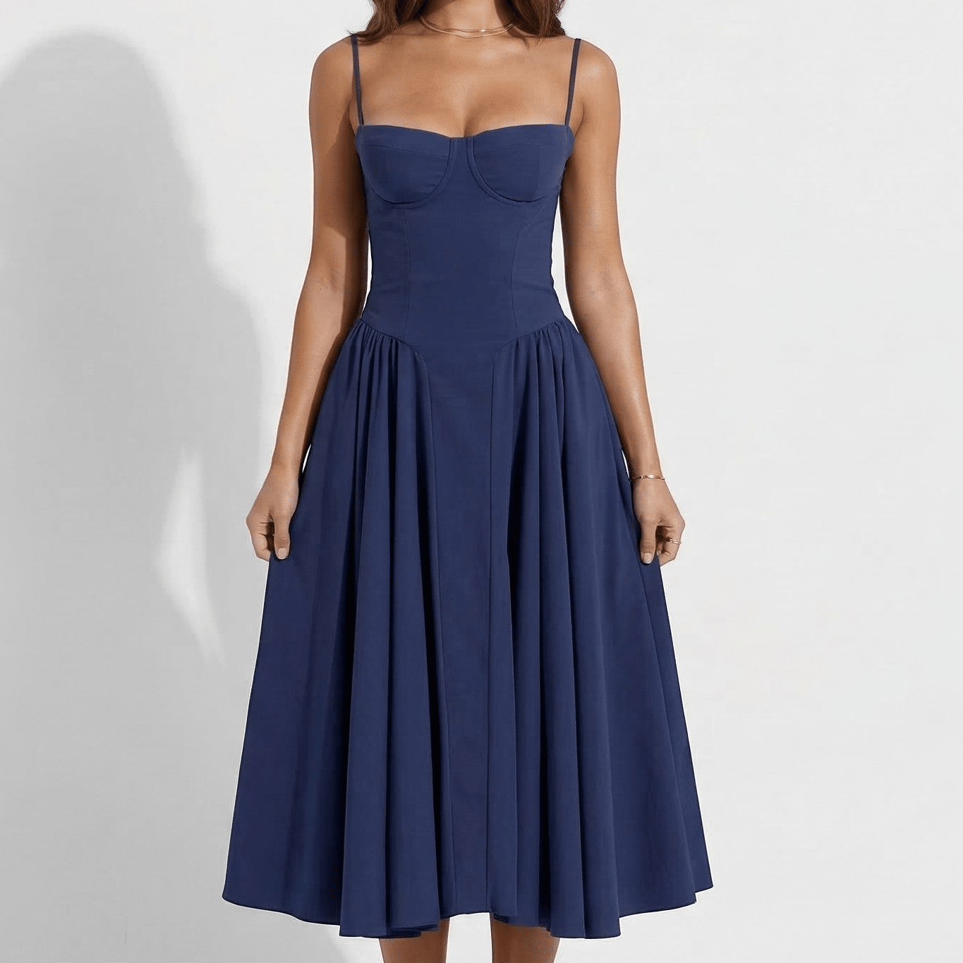 Mia - Women’s Structured Bodice Flared Midi Dress - Midi Dresses - Dark Blue - Taylor & Bennett