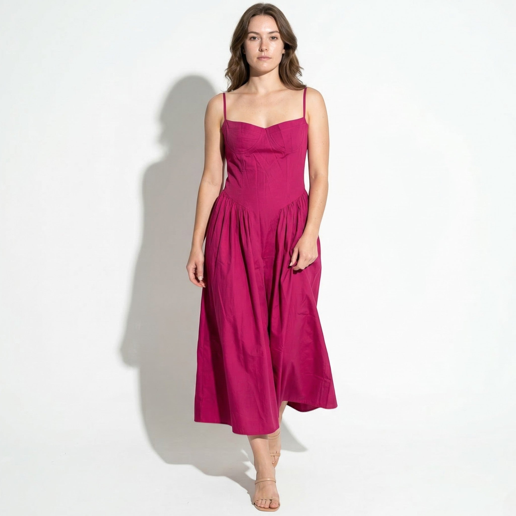 Mia - Women’s Structured Bodice Flared Midi Dress - Midi Dresses - Dark Pink - Taylor & Bennett