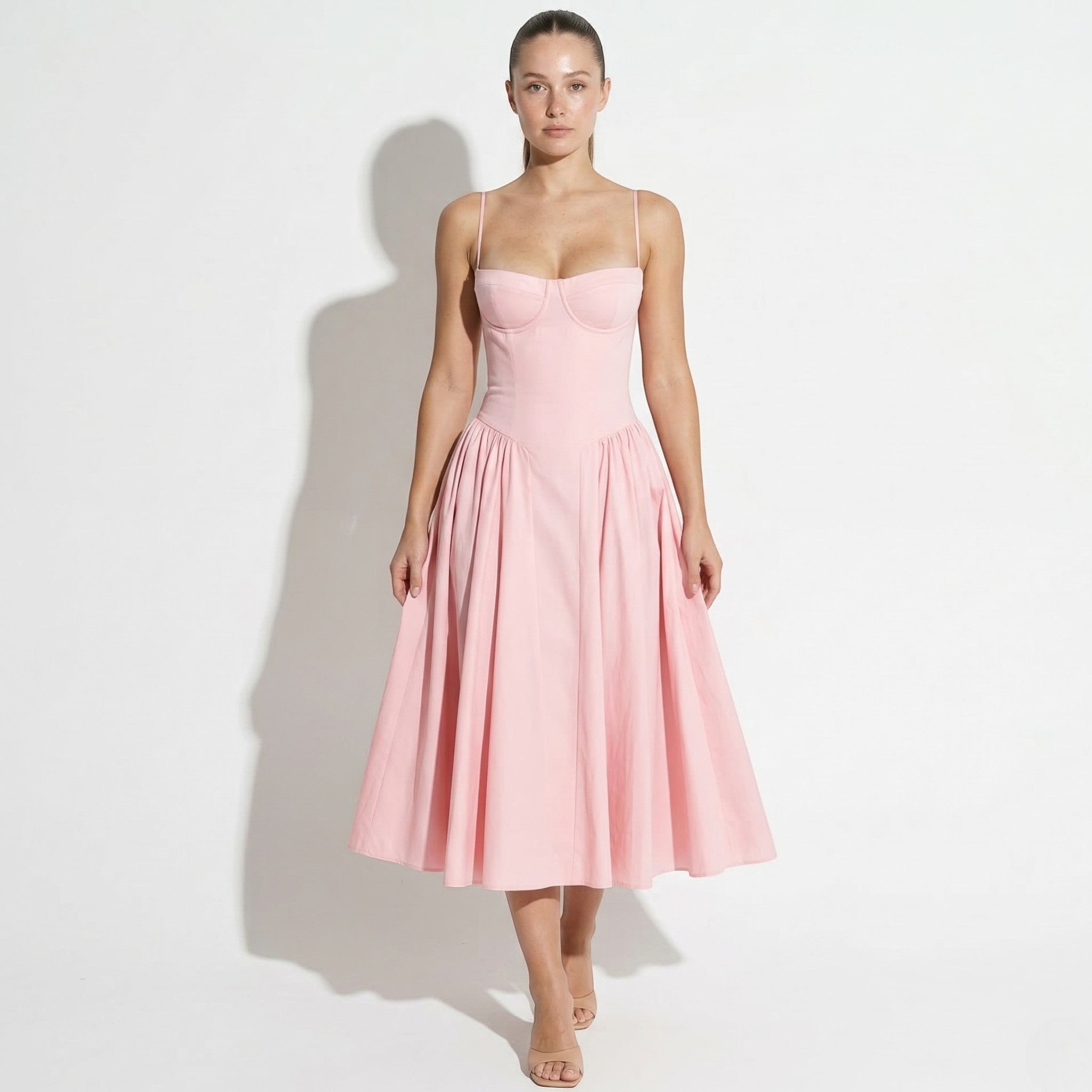 Mia - Women’s Structured Bodice Flared Midi Dress - Midi Dresses - Pink - Taylor & Bennett
