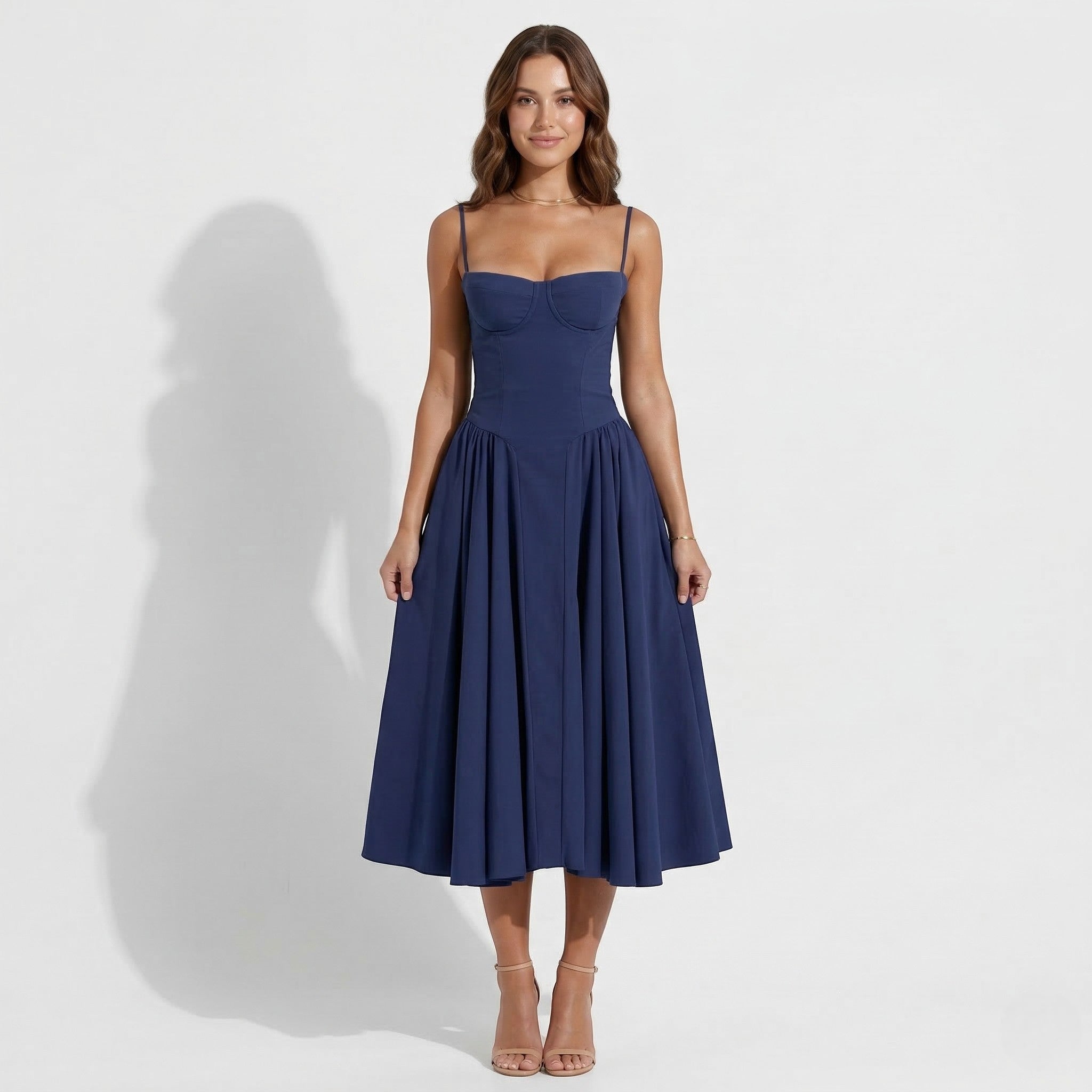 Mia - Women’s Structured Bodice Flared Midi Dress - Midi Dresses - Dark Blue - Taylor & Bennett