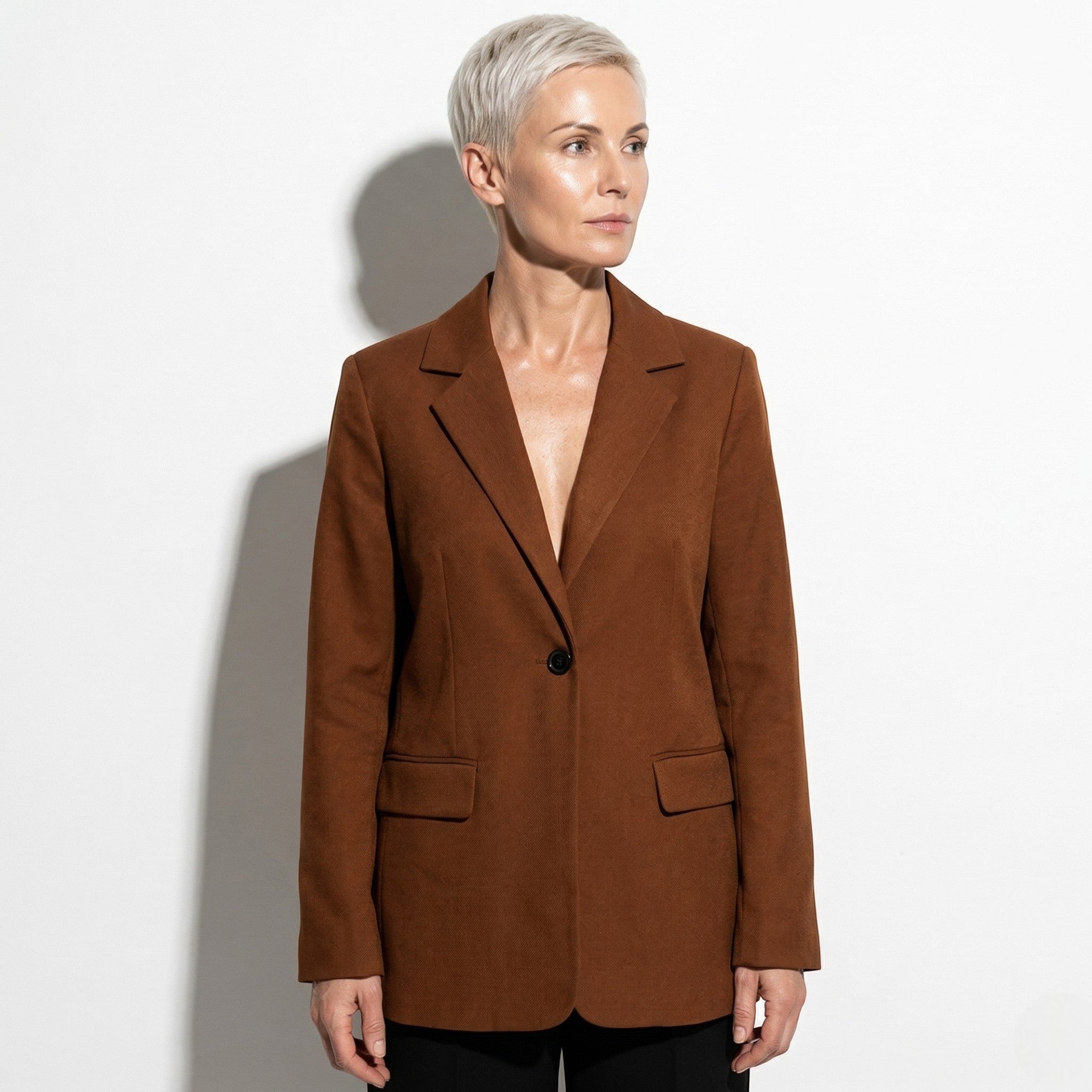 Mia - Women's Tailored Blazer with Single Button Closure - Blazer - Brown - Taylor & Bennett