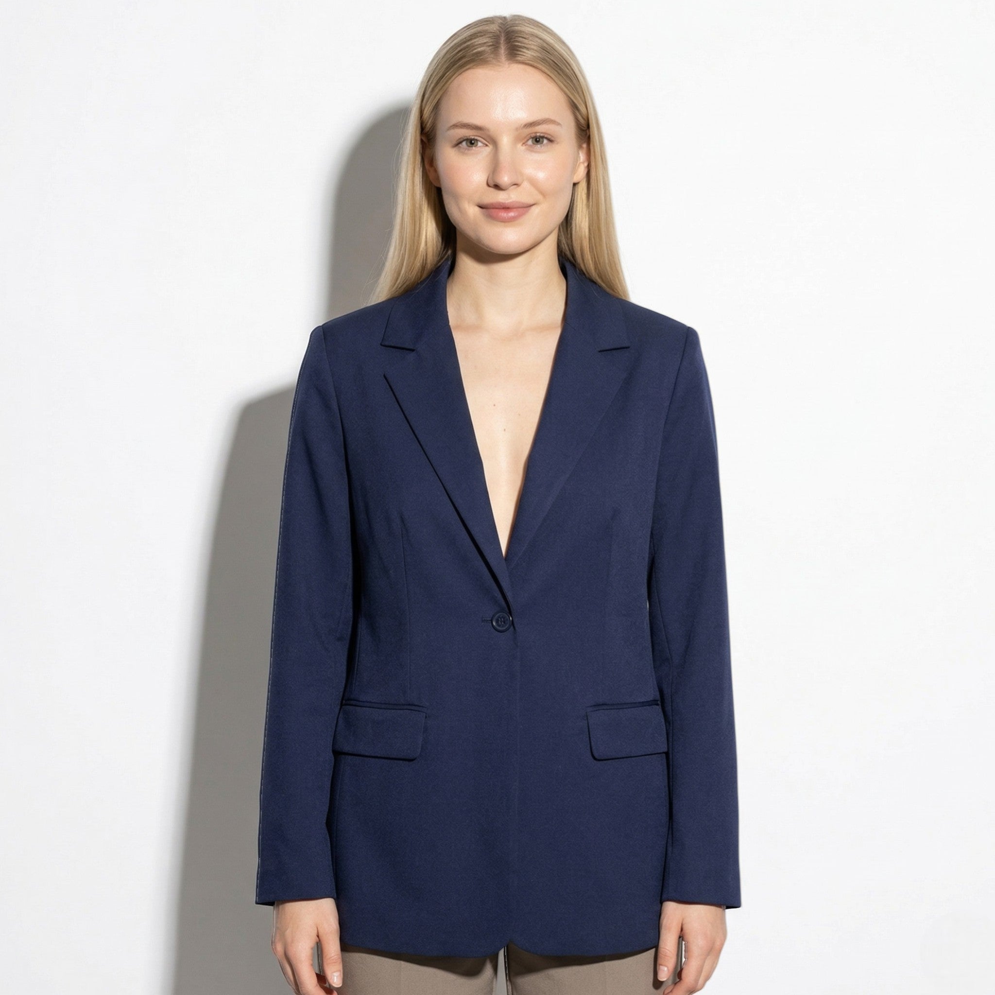 Mia - Women's Tailored Blazer with Single Button Closure - Blazer - Dark Blue - Taylor & Bennett