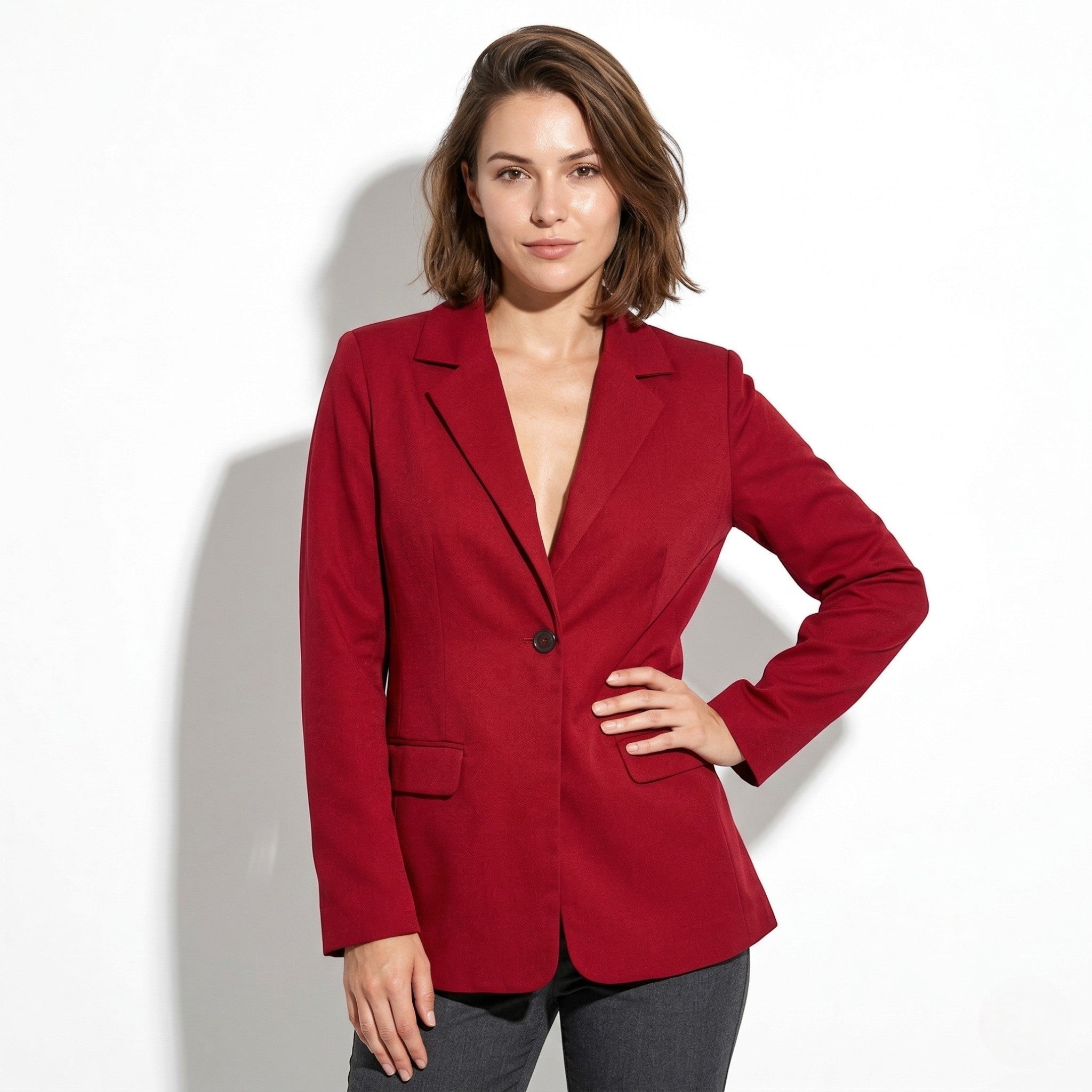 Mia - Women's Tailored Blazer with Single Button Closure - Blazer - Dark Red - Taylor & Bennett