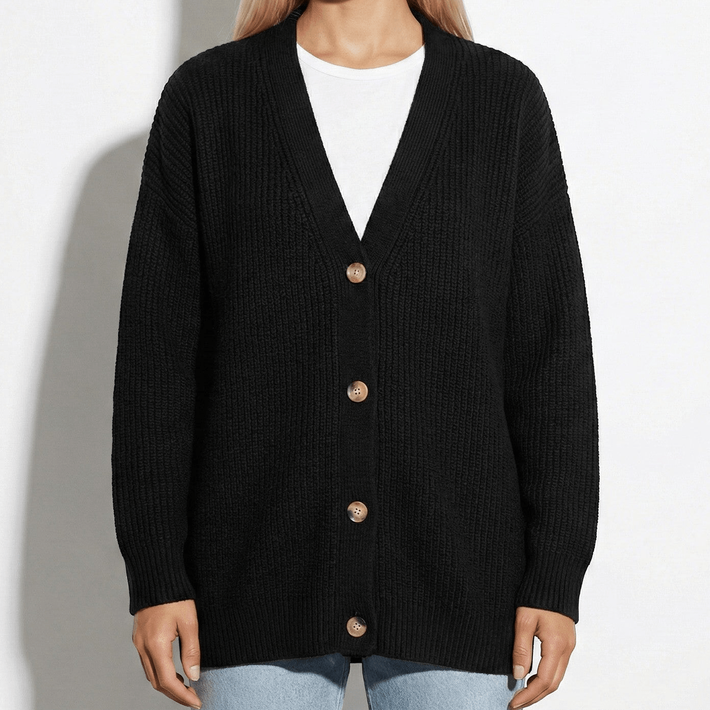 Millie - Women's Oversized Knit Cardigan with Button Closure - Cardigans - Black - Taylor & Bennett