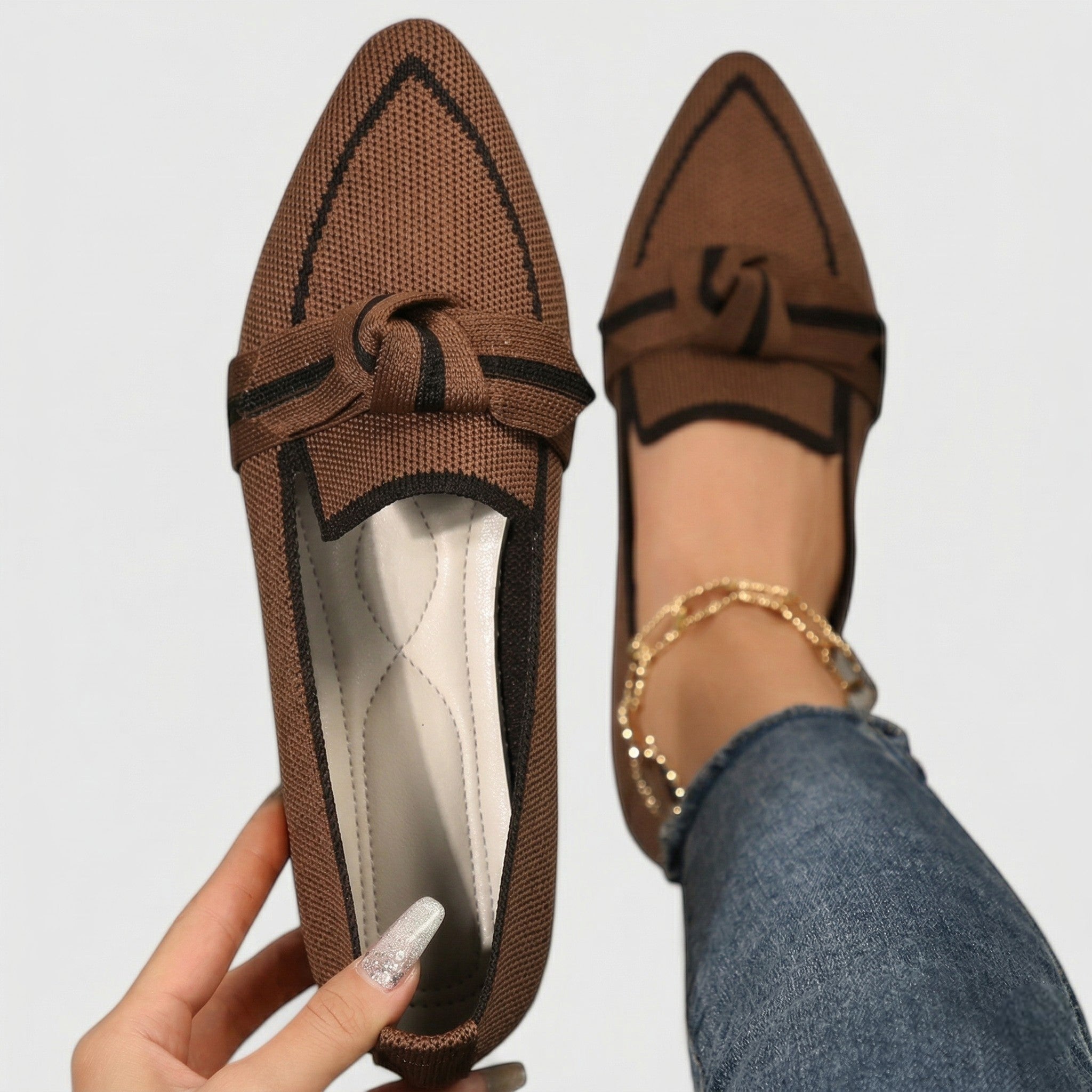 Millie - Women's Pointed Toe Knit Loafers - Loafers - Khaki - Taylor & Bennett