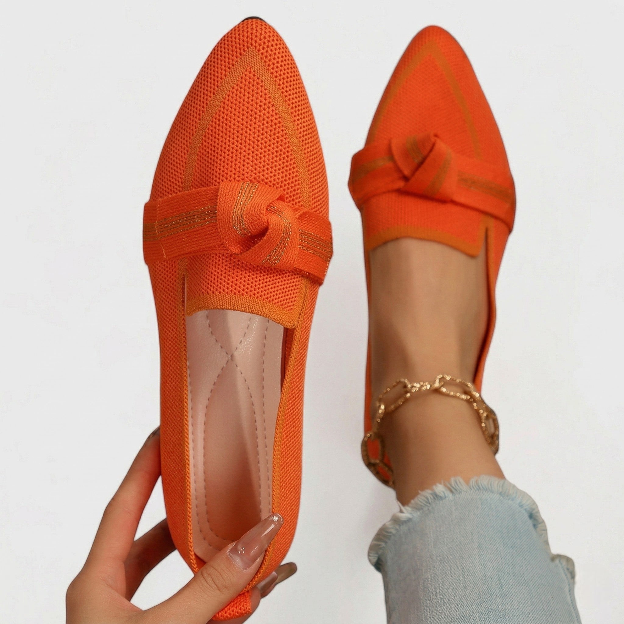Millie - Women's Pointed Toe Knit Loafers - Loafers - Orange - Taylor & Bennett