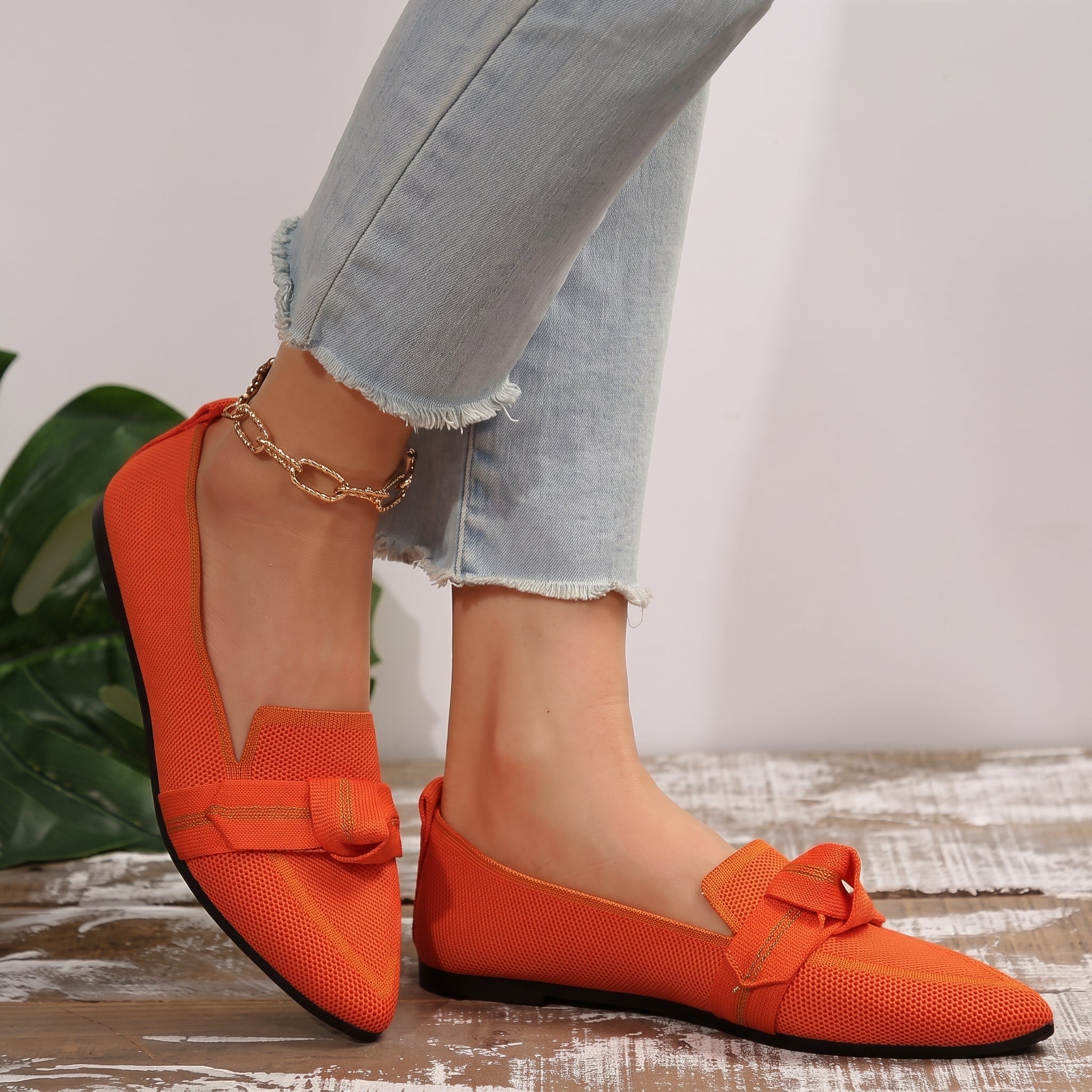 Millie - Women's Pointed Toe Knot Detail Flat Loafers - Loafer - Orange - Taylor & Bennett