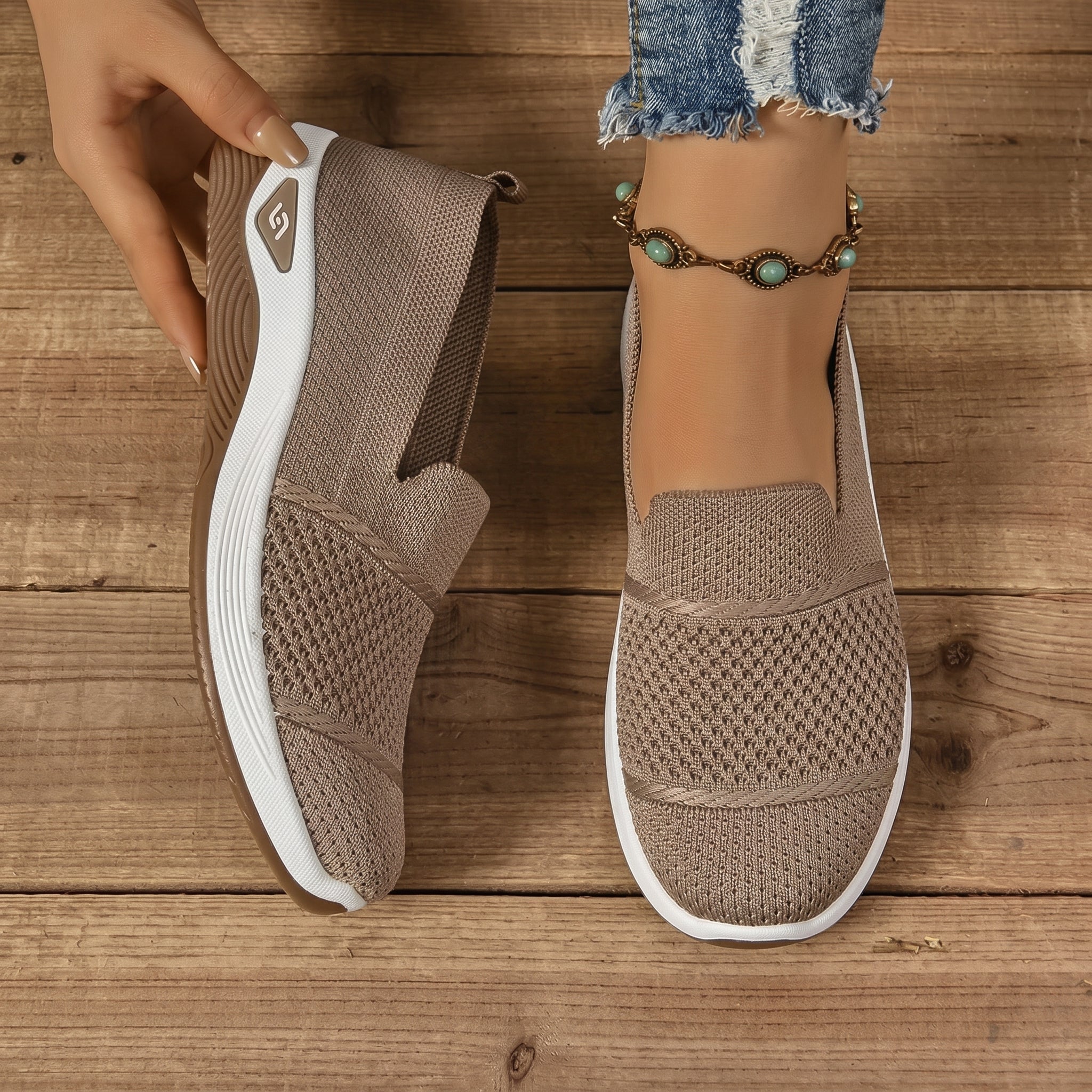 Monika - Women's Orthopaedic Cushioned Slip - On Trainers - Orthopaedic Shoes - Khaki - Taylor & Bennett
