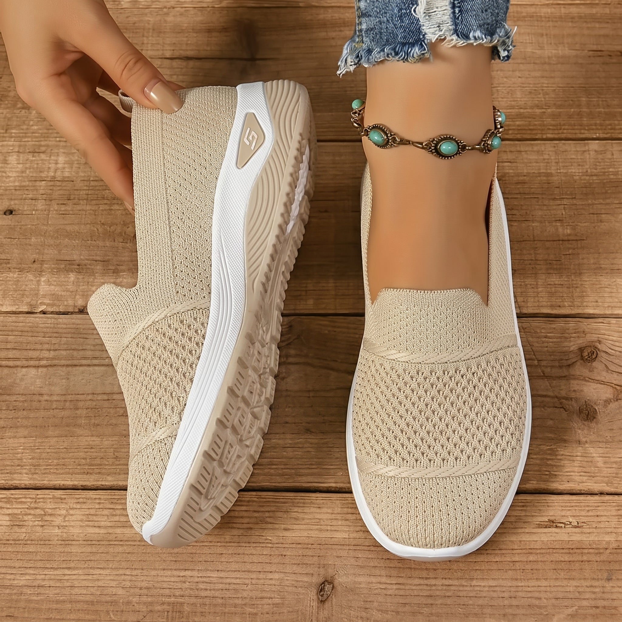Monika - Women's Orthopaedic Cushioned Slip - On Trainers - Orthopaedic Shoes - Beige - Taylor & Bennett