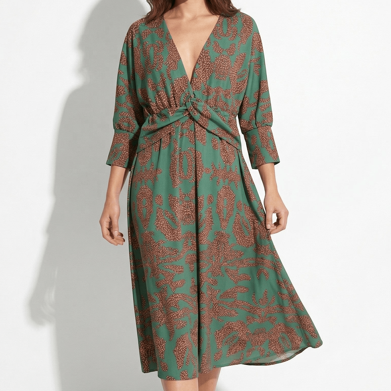 Myrtle – Women's Abstract Print V - Neck Midi Dress - Midi Dress - Green - Taylor & Bennett