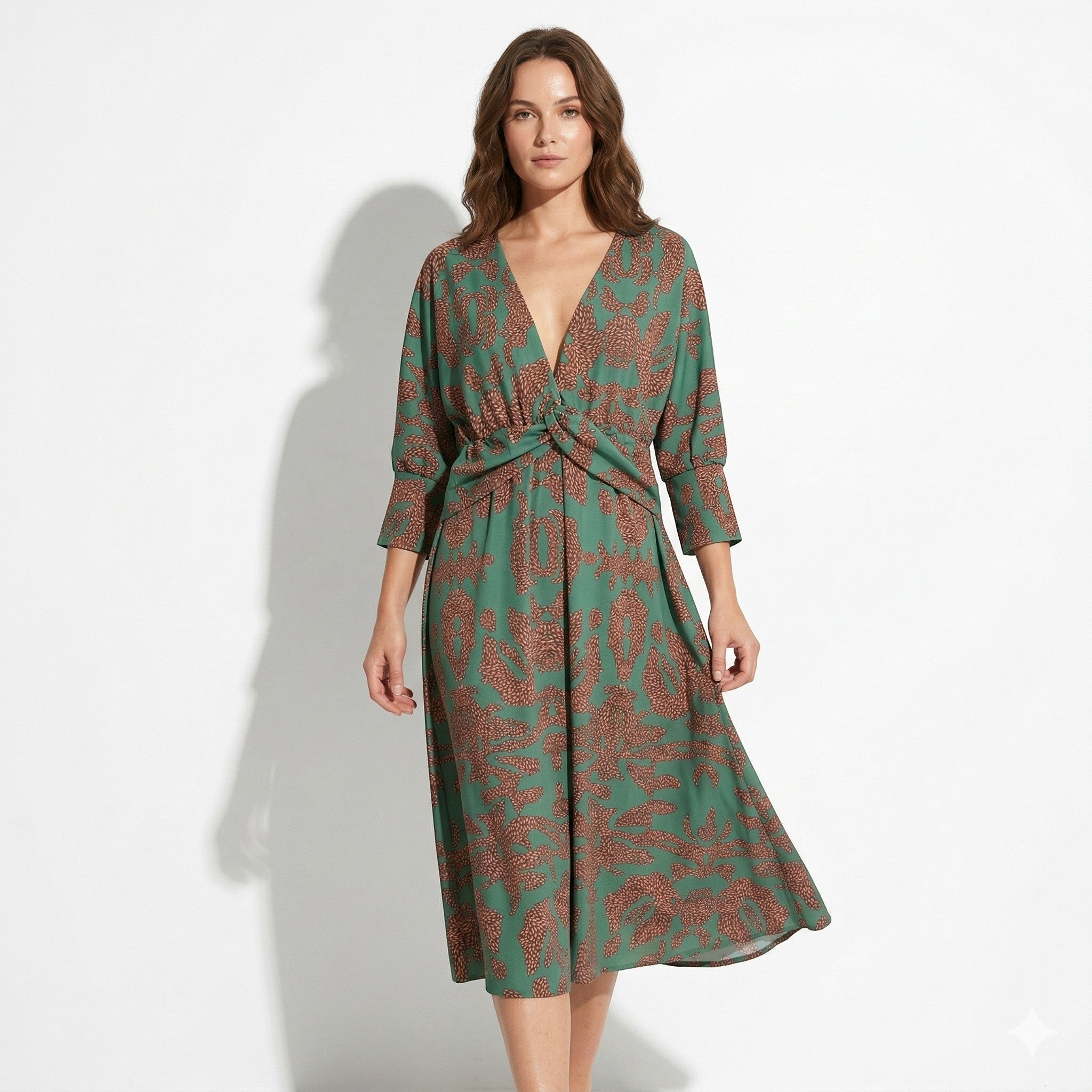 Myrtle – Women's Abstract Print V - Neck Midi Dress - Midi Dress - Green - Taylor & Bennett