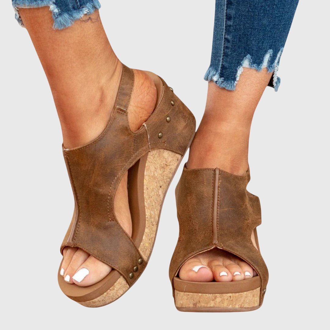Nadia - Women's Open Toe Wedge Sandals - Sandals - Brown - Taylor & Bennett