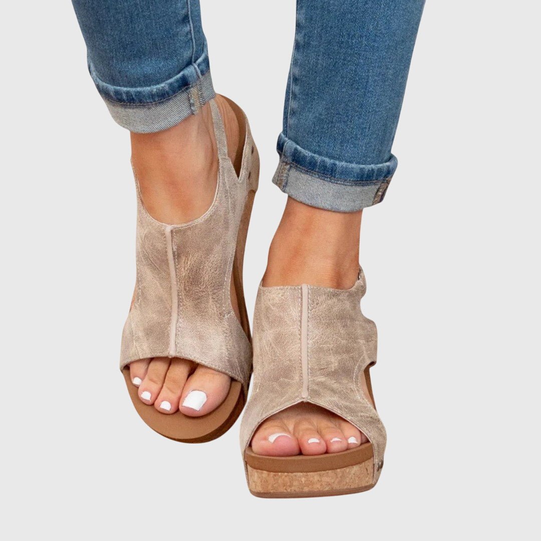 Nadia - Women's Open Toe Wedge Sandals - Sandals - Beige - Taylor & Bennett