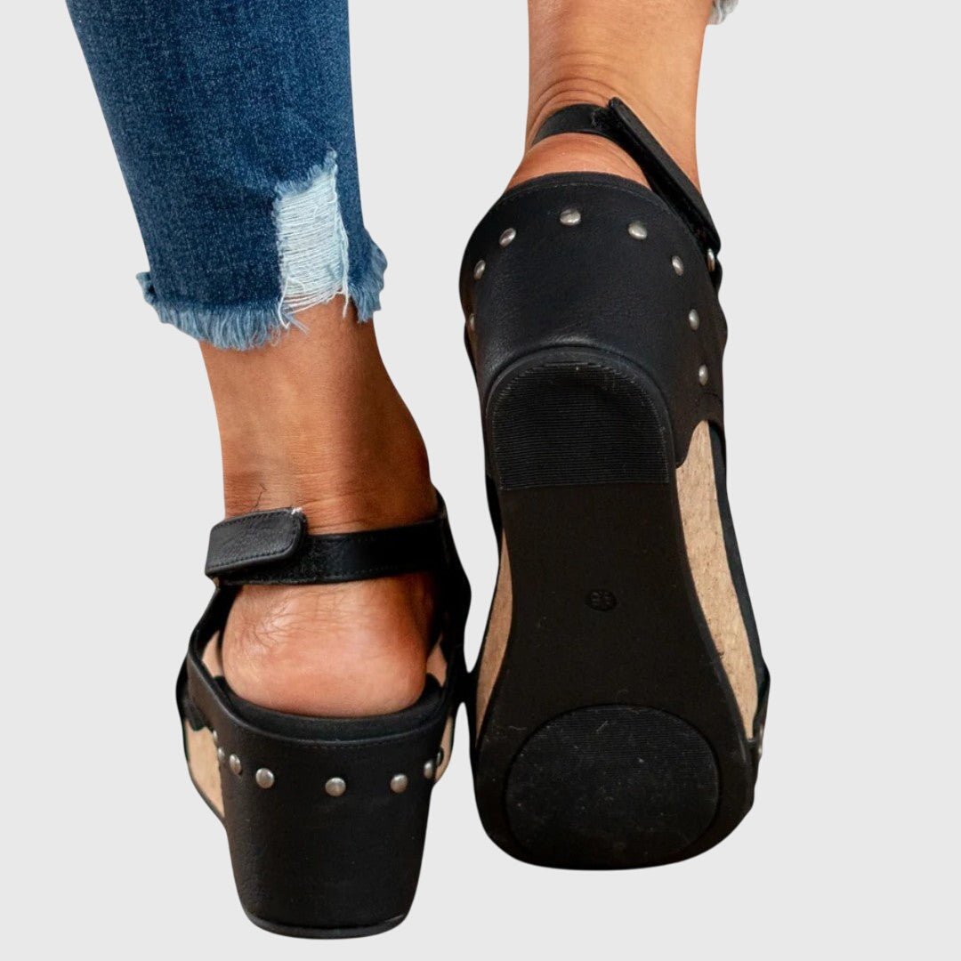 Nadia - Women's Open Toe Wedge Sandals - Sandals - Black - Taylor & Bennett