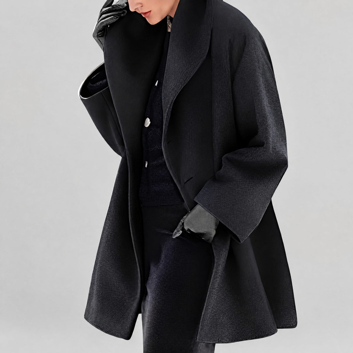 Natalia - Women's Oversized Longline Coat with Shawl Collar - Overcoats - Black - Taylor & Bennett