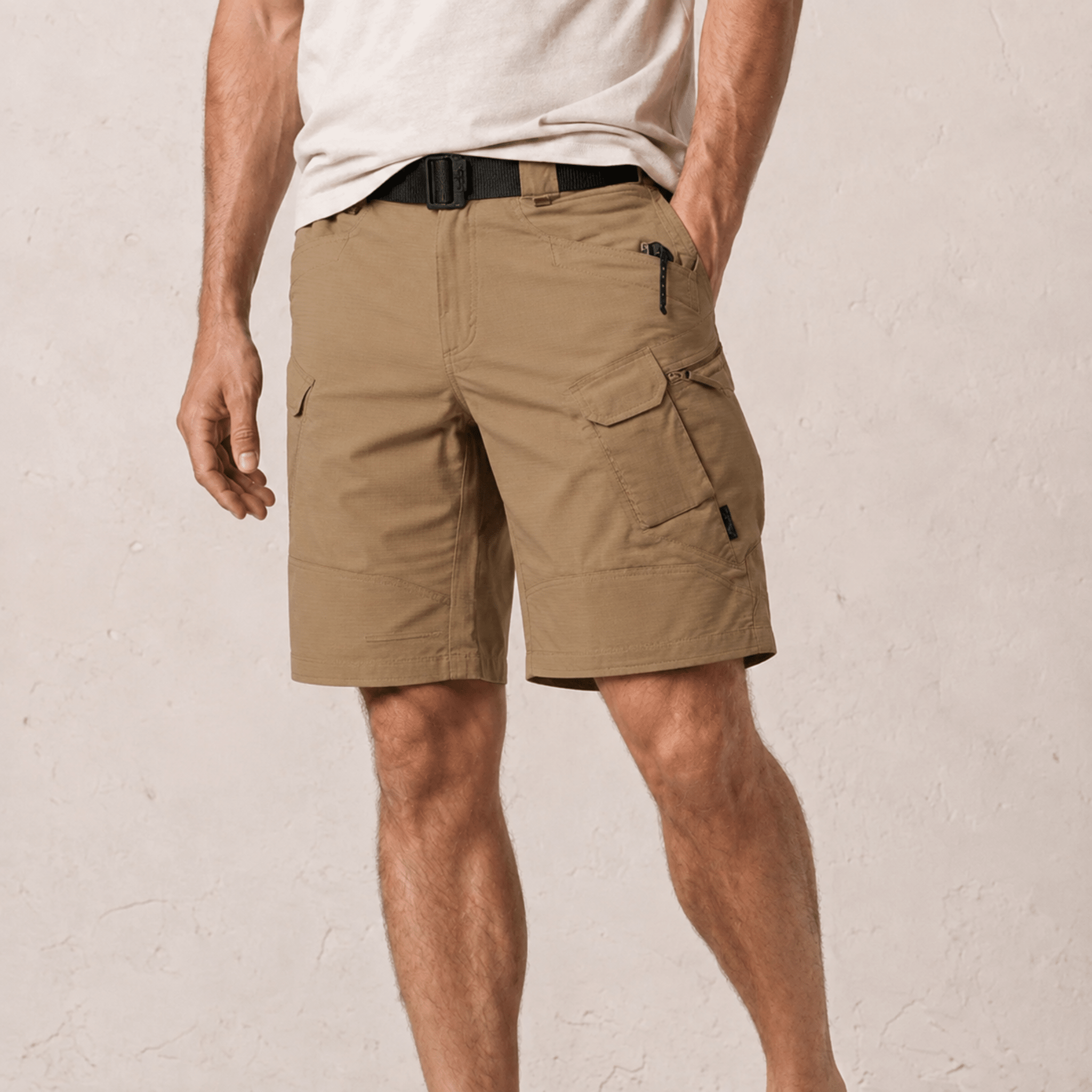 Nathan - Men's Summer Cargo Elastic Waist Shorts - Cargo Shorts - Khaki - Taylor & Bennett