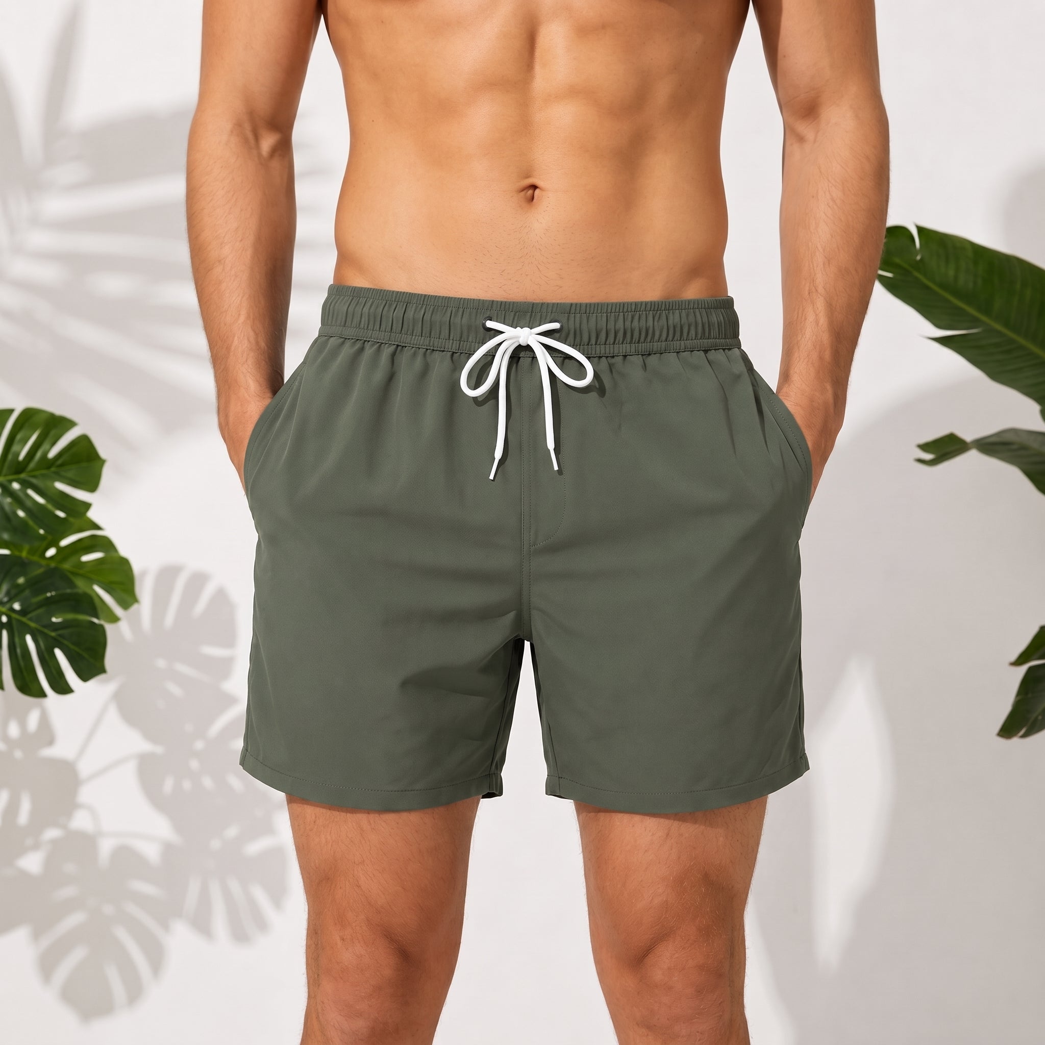 Nathan - Men's Summer Contrast Drawstring Swim Shorts - Swim Shorts - Olive Green - Taylor & Bennett