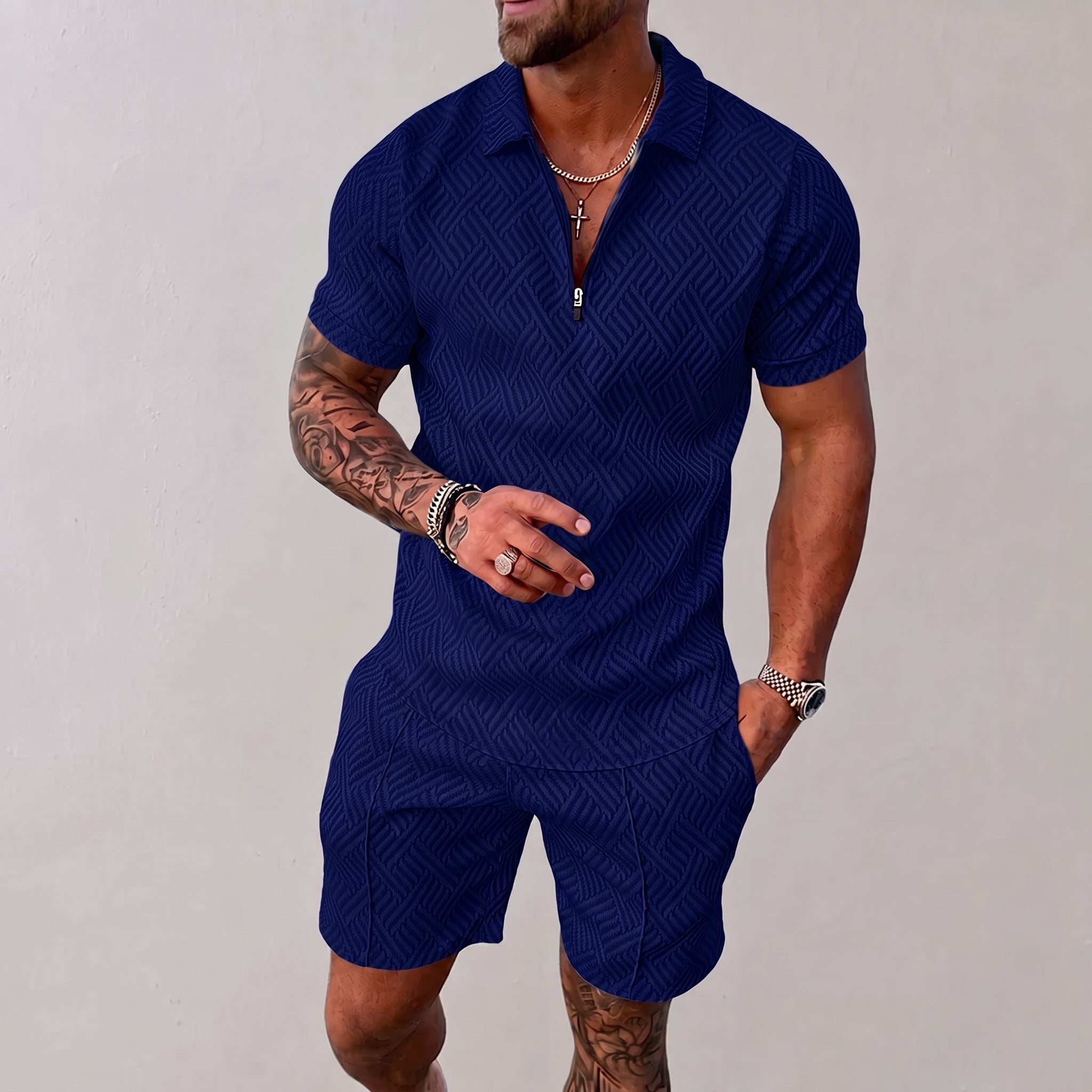 Nathan - Men's Summer Geometric Polo Short Sleeve Co-ord Set - Outfit Sets - Navy Blue - Taylor & Bennett