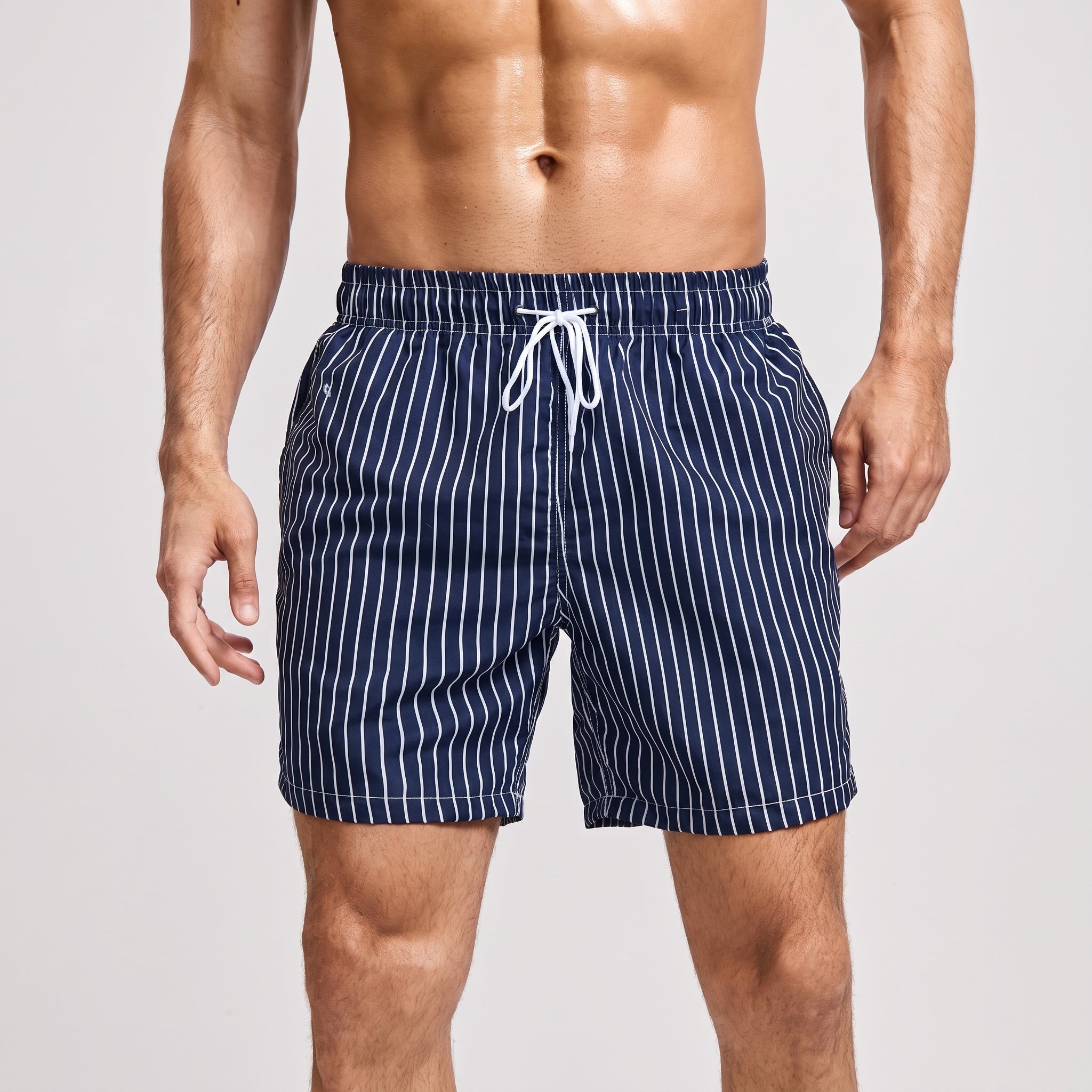 Nathan - Men's Summer Pinstripe Drawstring Swim Shorts - Swim Shorts - Blue - Taylor & Bennett