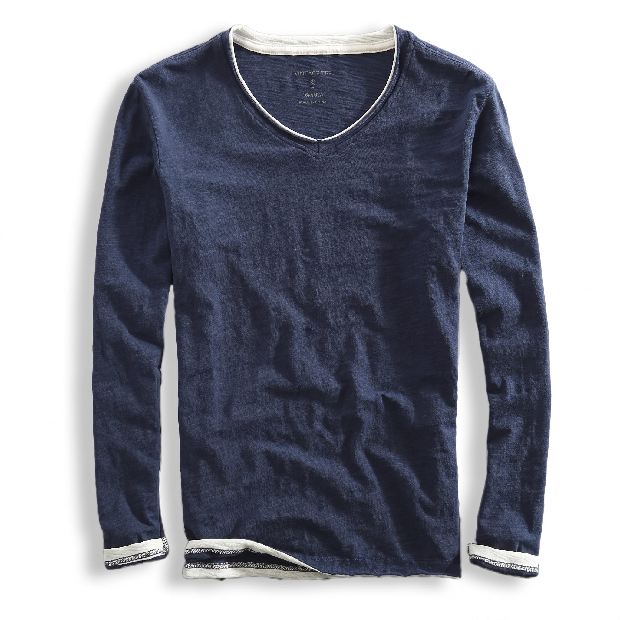 Oliver - Men's Long Sleeve V-Neck Layered T-Shirt with Contrast Trim - T-Shirts - Navy Blue - Taylor & Bennett