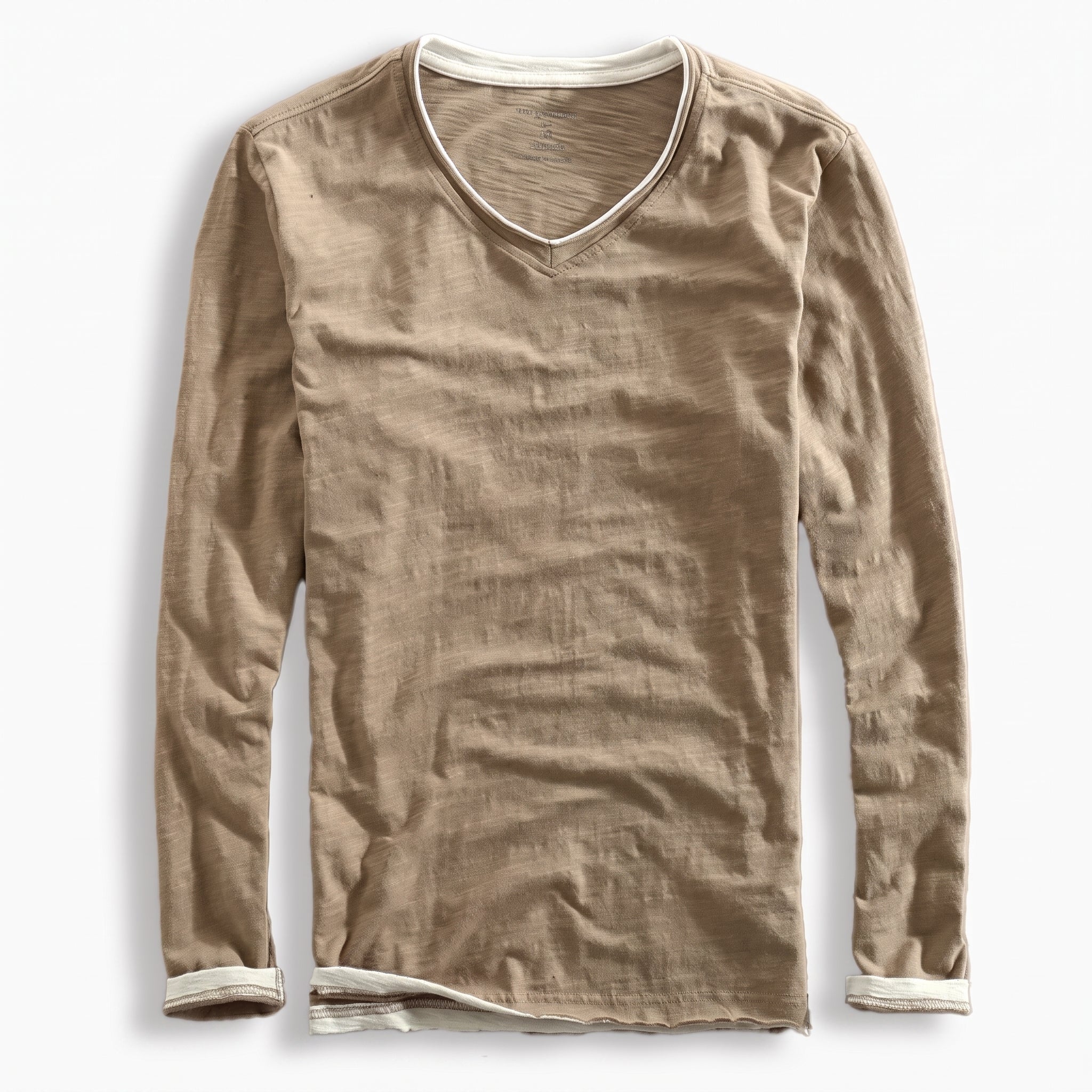 Oliver - Men's Long Sleeve V-Neck Layered T-Shirt with Contrast Trim - T-Shirts - Brown - Taylor & Bennett