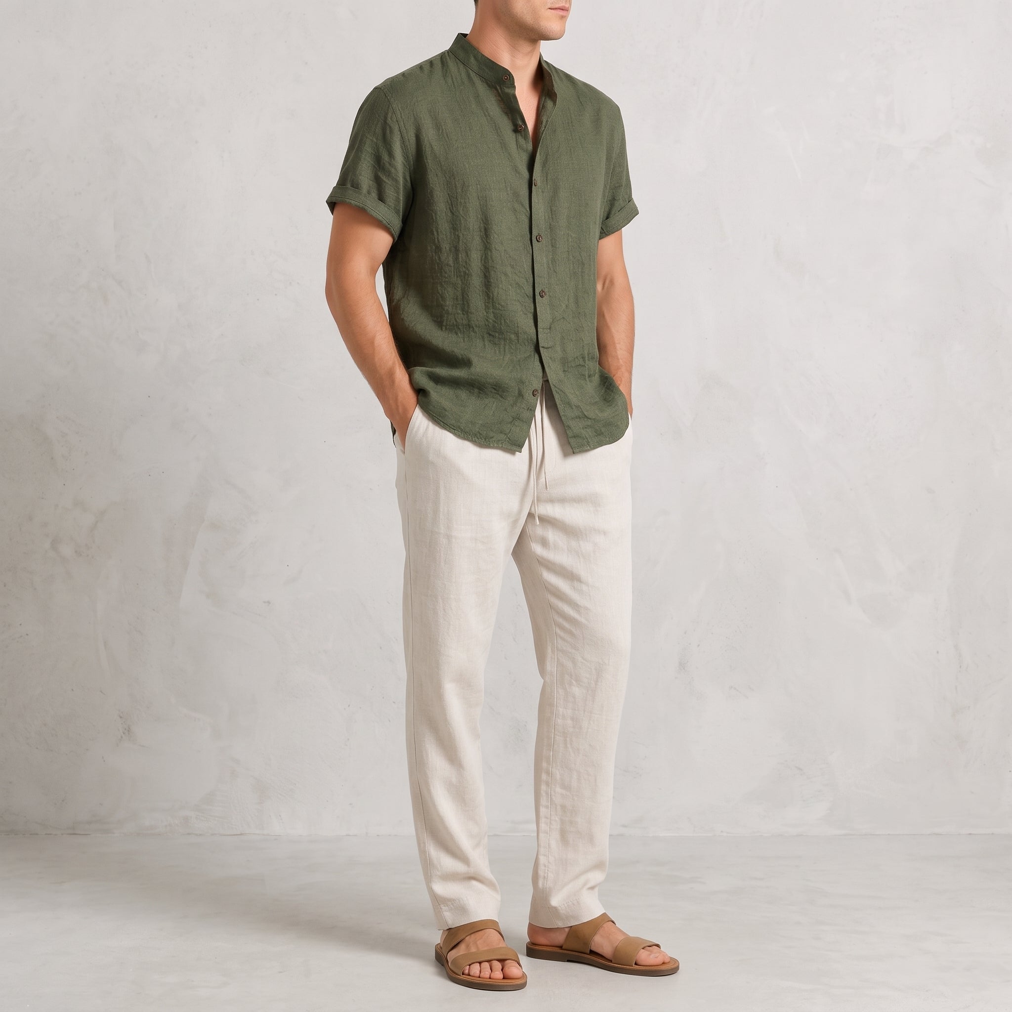 Oliver - Men's Summer Mandarin Collar Button Placket Co-ord Set - Outfit Sets - Dark Green - Taylor & Bennett