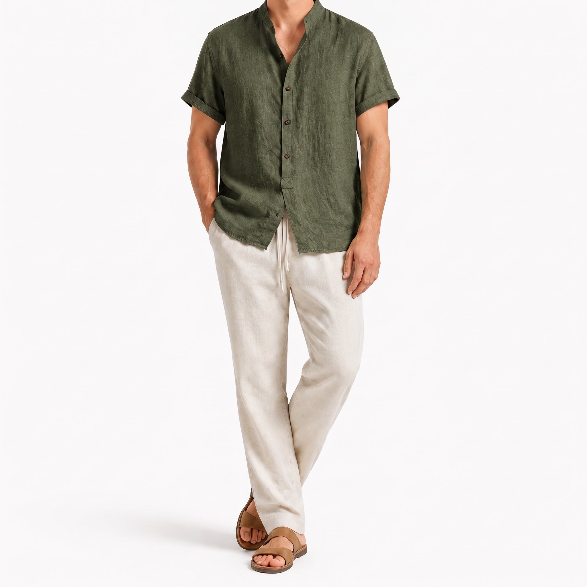 Oliver - Men's Summer Mandarin Collar Button Placket Co-ord Set - Outfit Sets - Dark Green - Taylor & Bennett