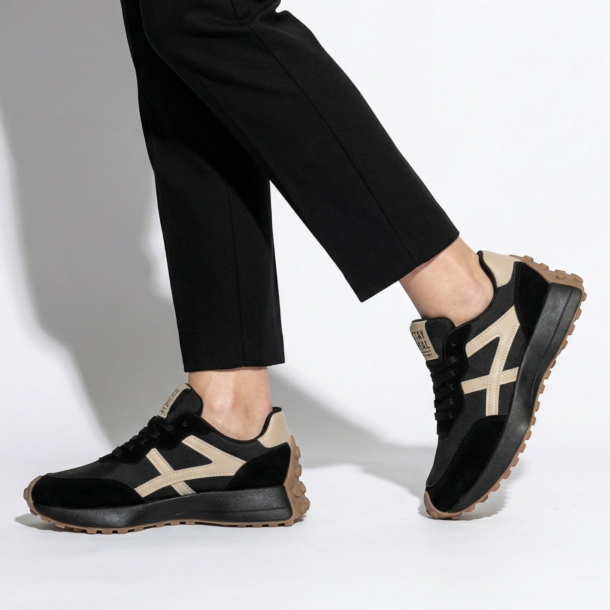 Olivia - Women's Chunky Sole Trainers - Trainers - Black / Beige - Taylor & Bennett