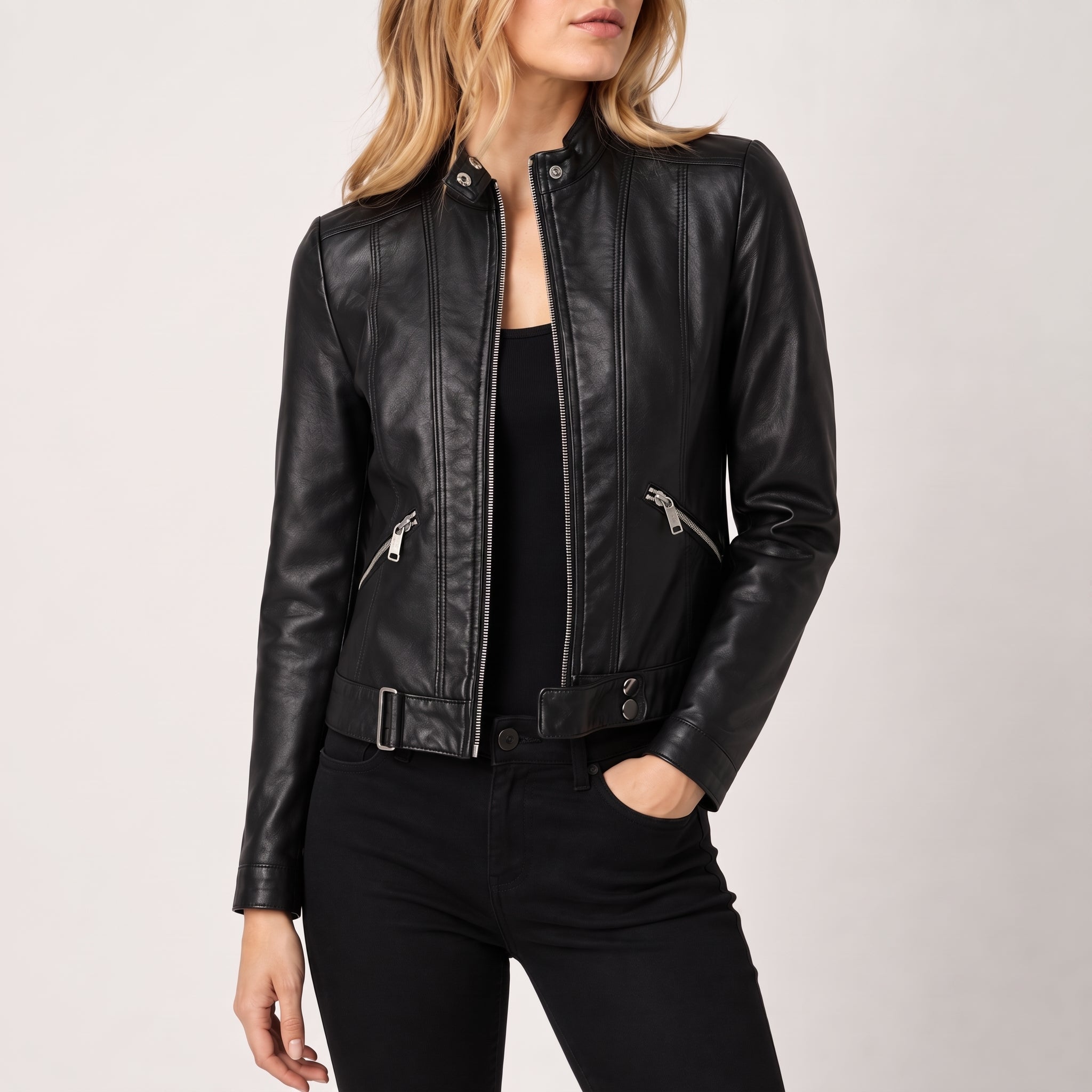Olivia - Women's Fitted Band Collar Full Zip Panel Jacket - Jackets - Black - Taylor & Bennett