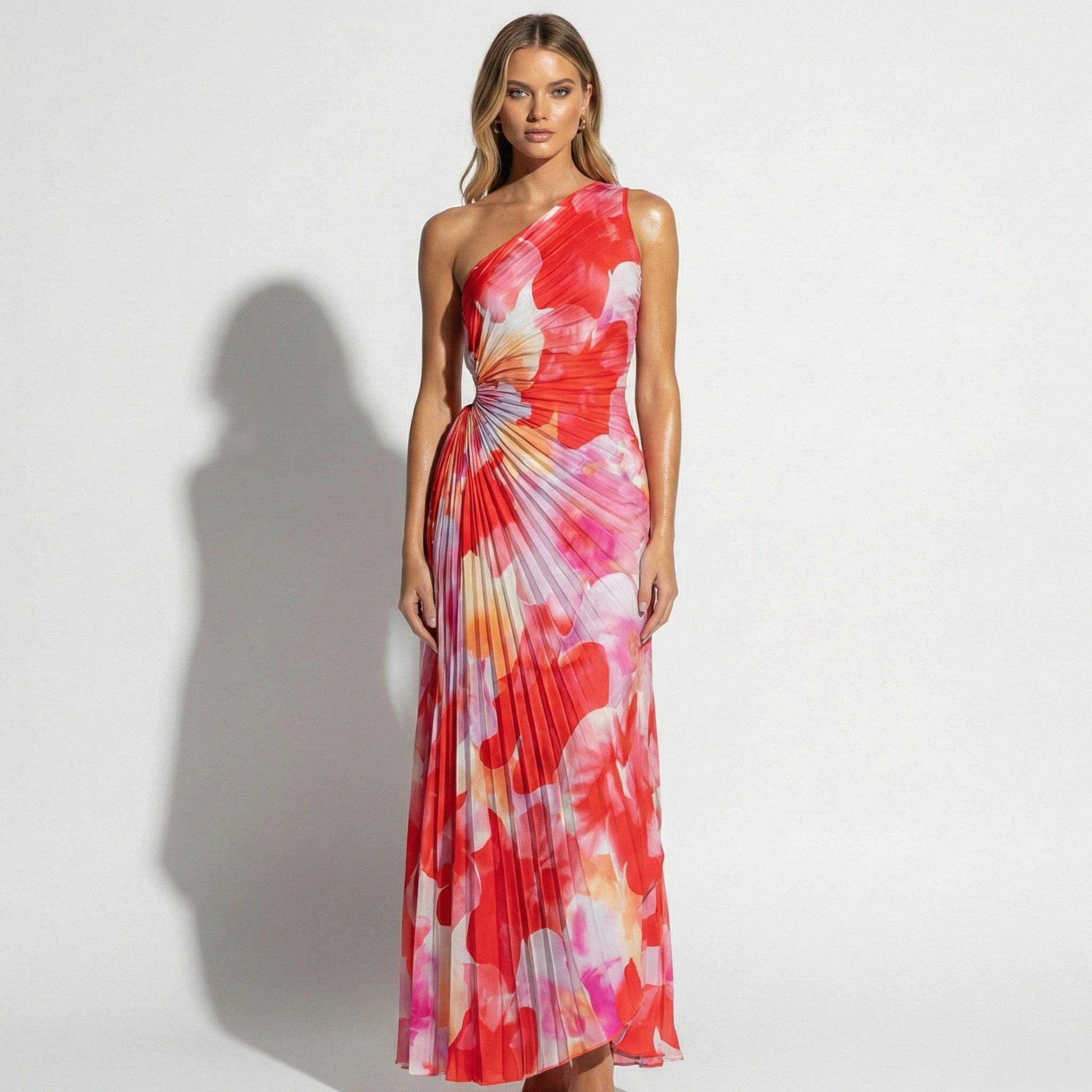 Olivia - Women's One Shoulder Floral Print Pleated Maxi Dress - Dresses - Red - Taylor & Bennett