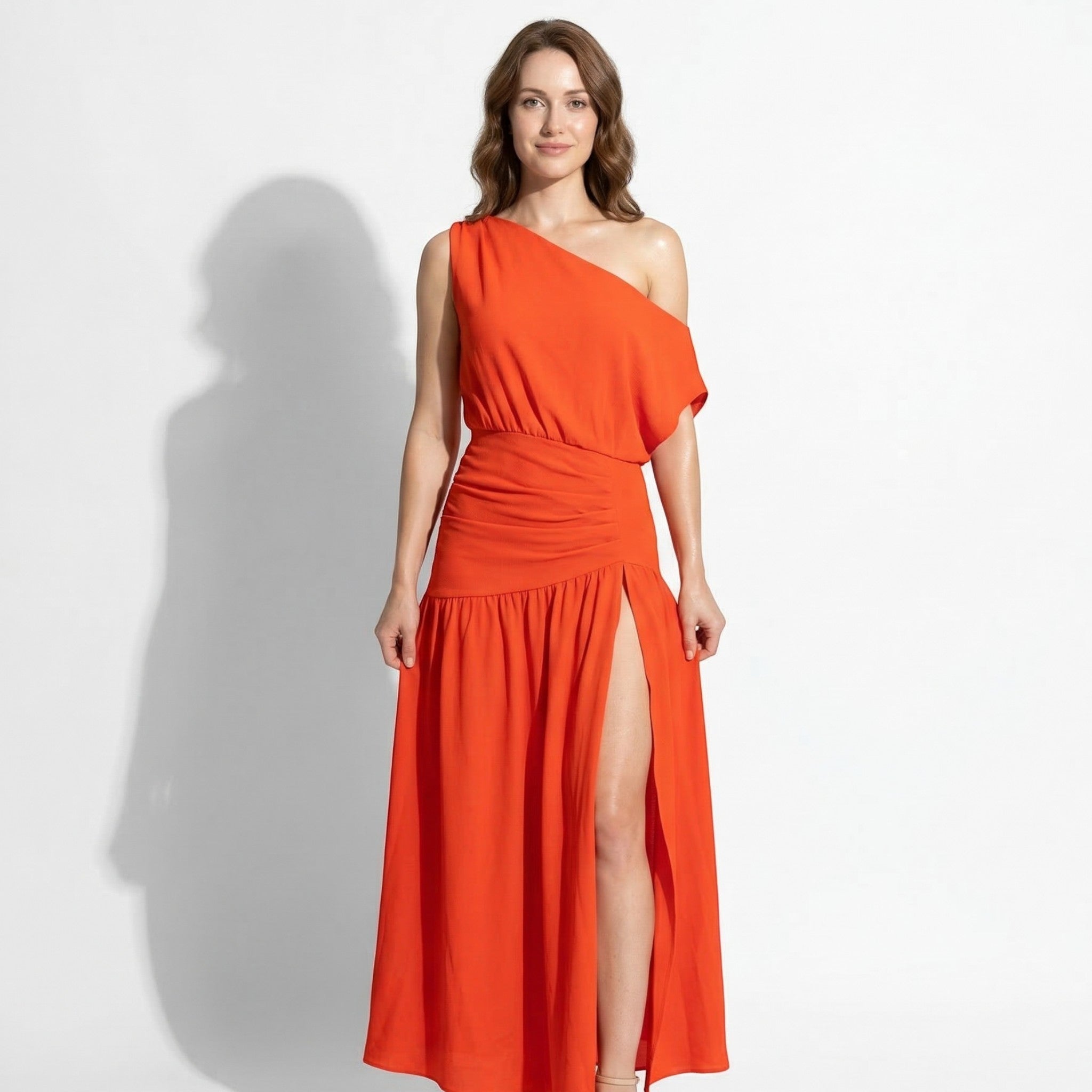 Olivia - Women's One Shoulder Maxi Dress with Slit - Maxi Dresses - Orange - Taylor & Bennett