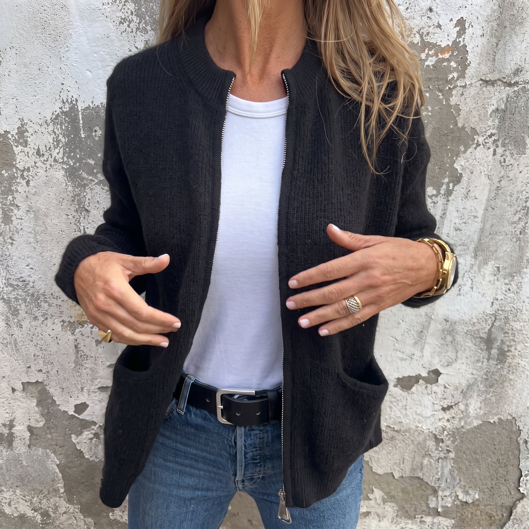 Olivia - Women's Relaxed Zip-Through Ribbed Cardigan - Cardigans - Black - Taylor & Bennett