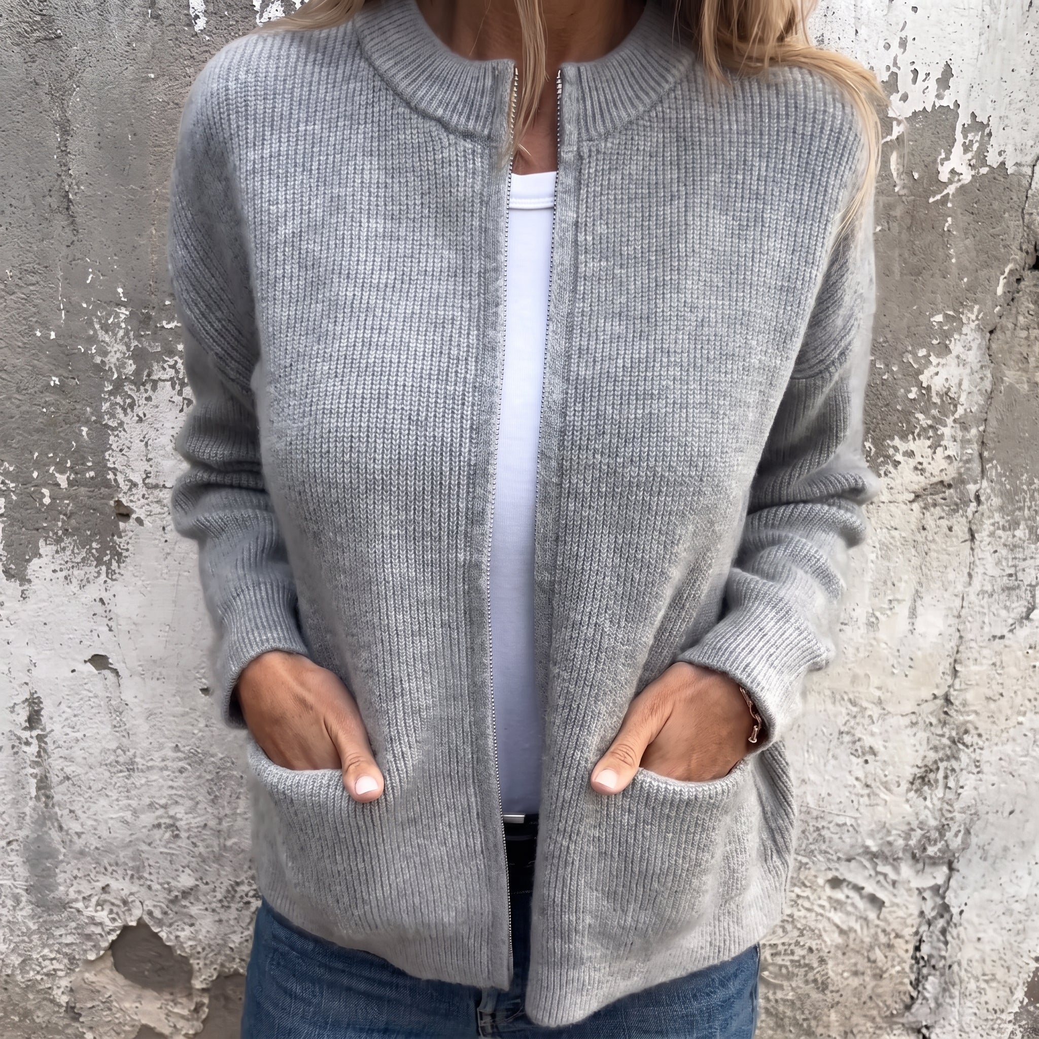 Olivia - Women's Relaxed Zip-Through Ribbed Cardigan - Cardigans - Grey - Taylor & Bennett