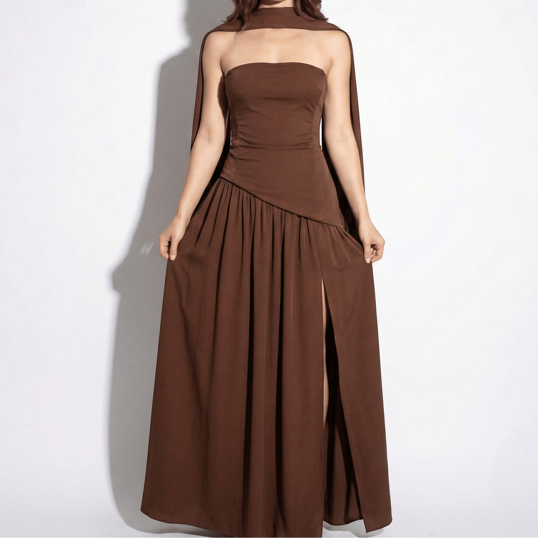 Olivia - Women's Strapless Maxi Dress with High Slit & Asymmetric Waist - Maxi Dress - Brown - Taylor & Bennett