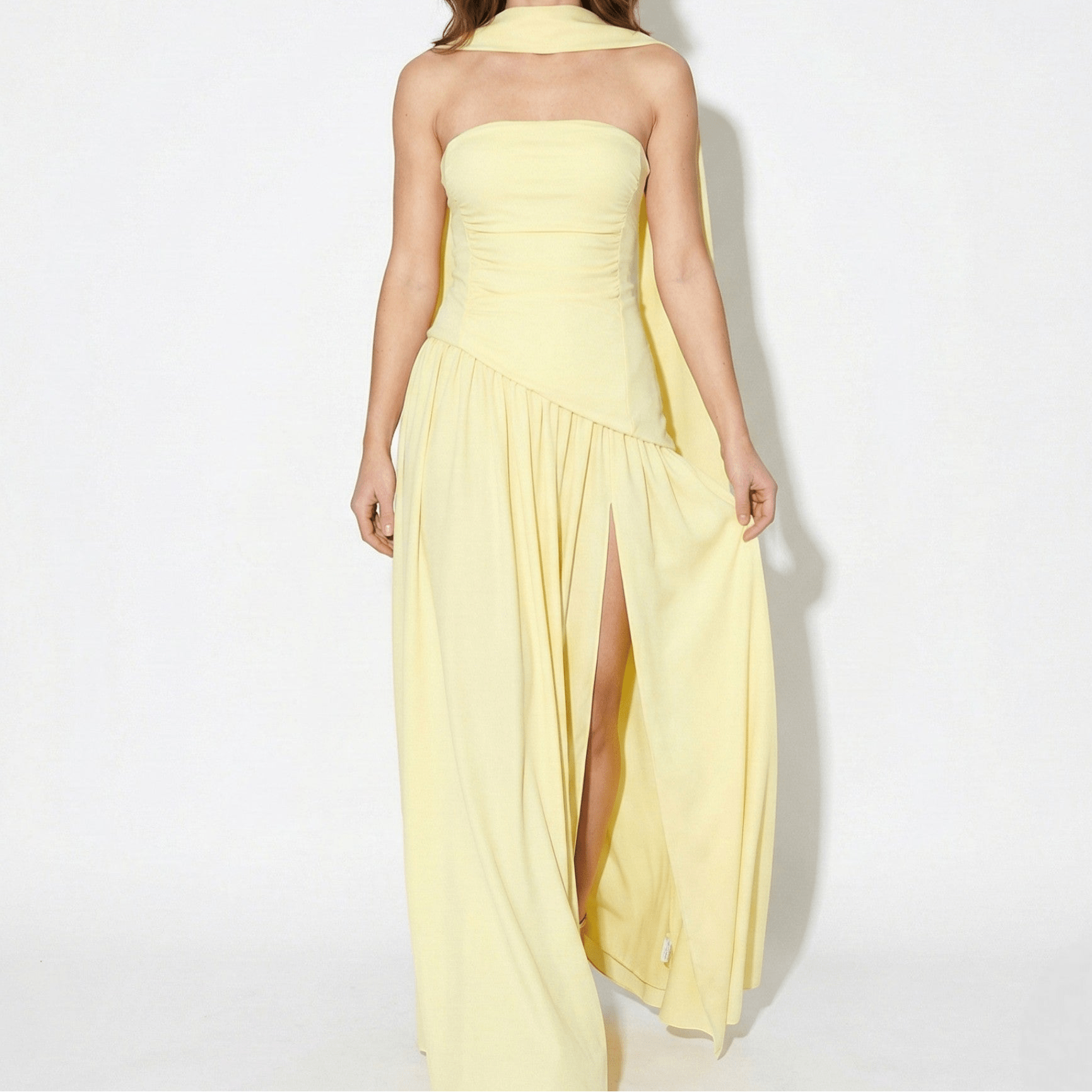 Olivia - Women's Strapless Maxi Dress with High Slit & Asymmetric Waist - Maxi Dress - Yellow - Taylor & Bennett