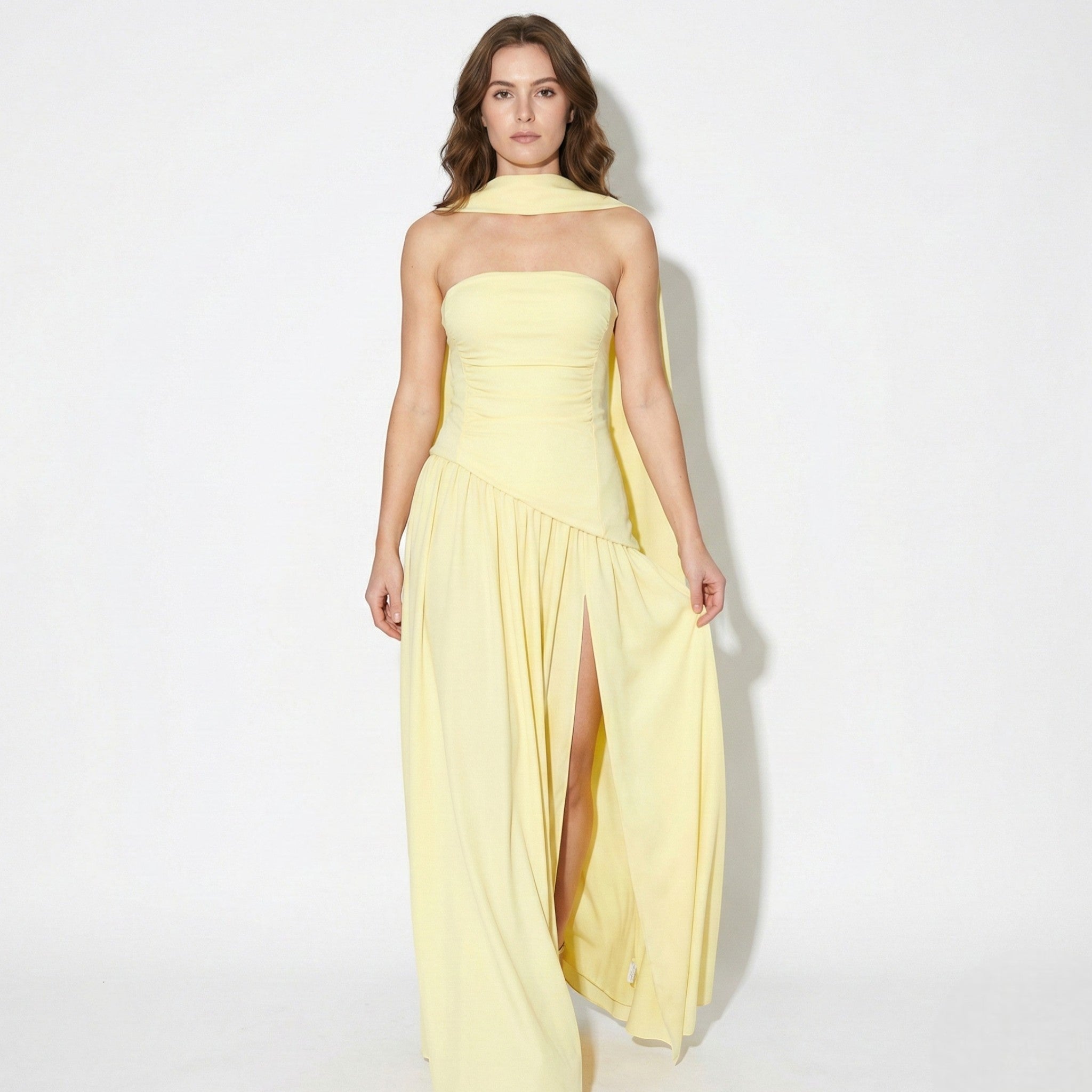Olivia - Women's Strapless Maxi Dress with High Slit & Asymmetric Waist - Maxi Dress - Yellow - Taylor & Bennett