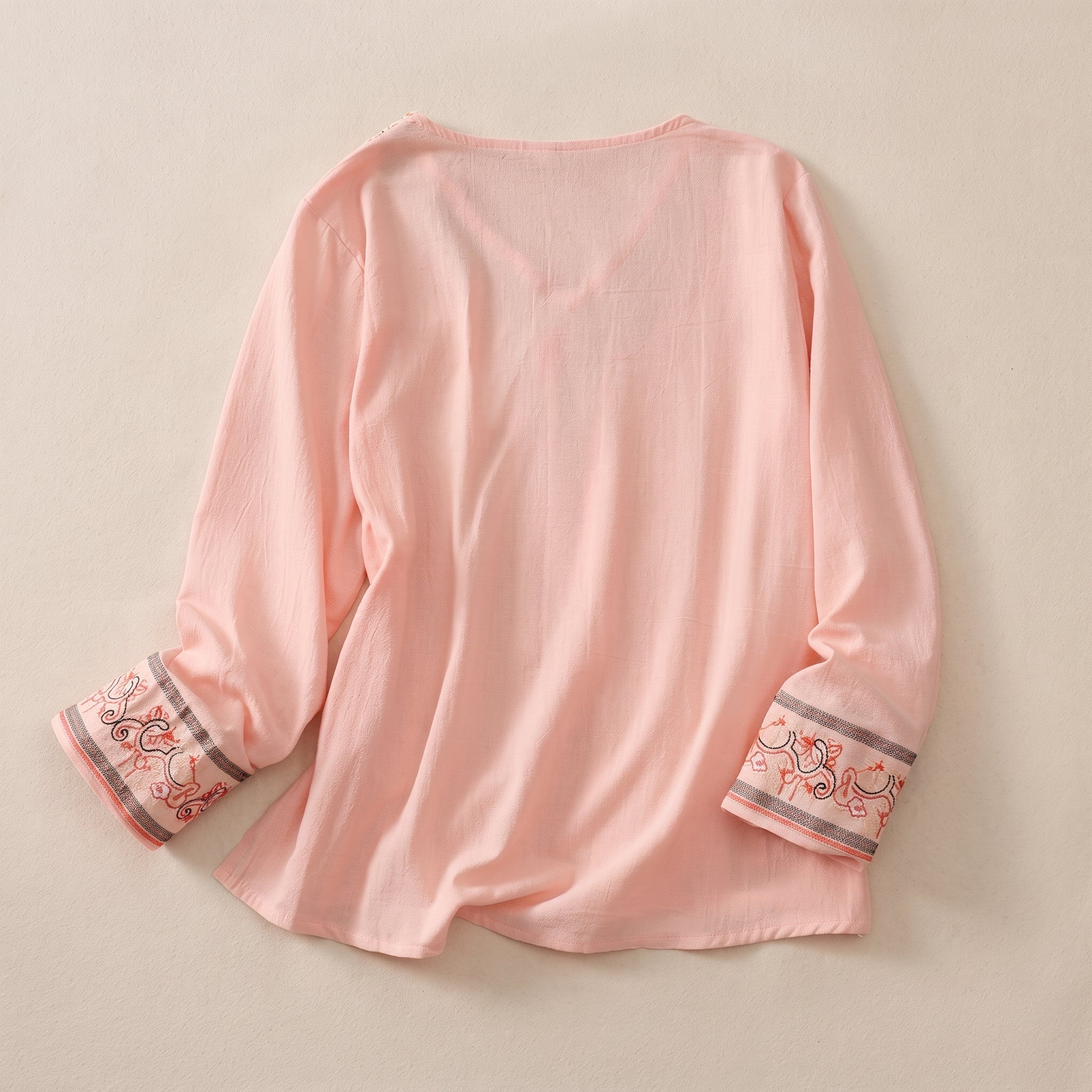 Olivia - Women's Summer Long Sleeve Embroidered Trim Blouse - Blouse - Pink - Taylor & Bennett