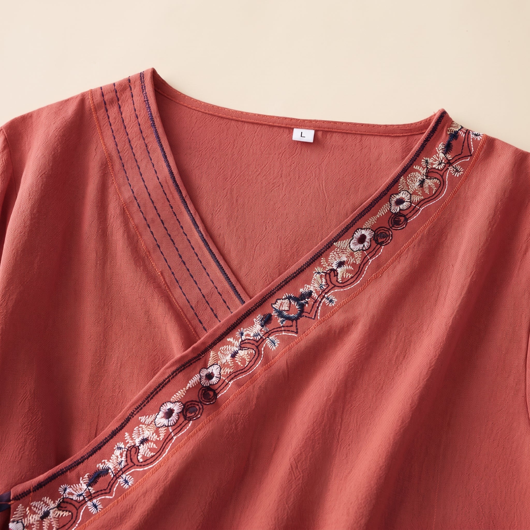 Olivia - Women's Summer Long Sleeve Embroidered Trim Blouse - Blouse - Red - Taylor & Bennett