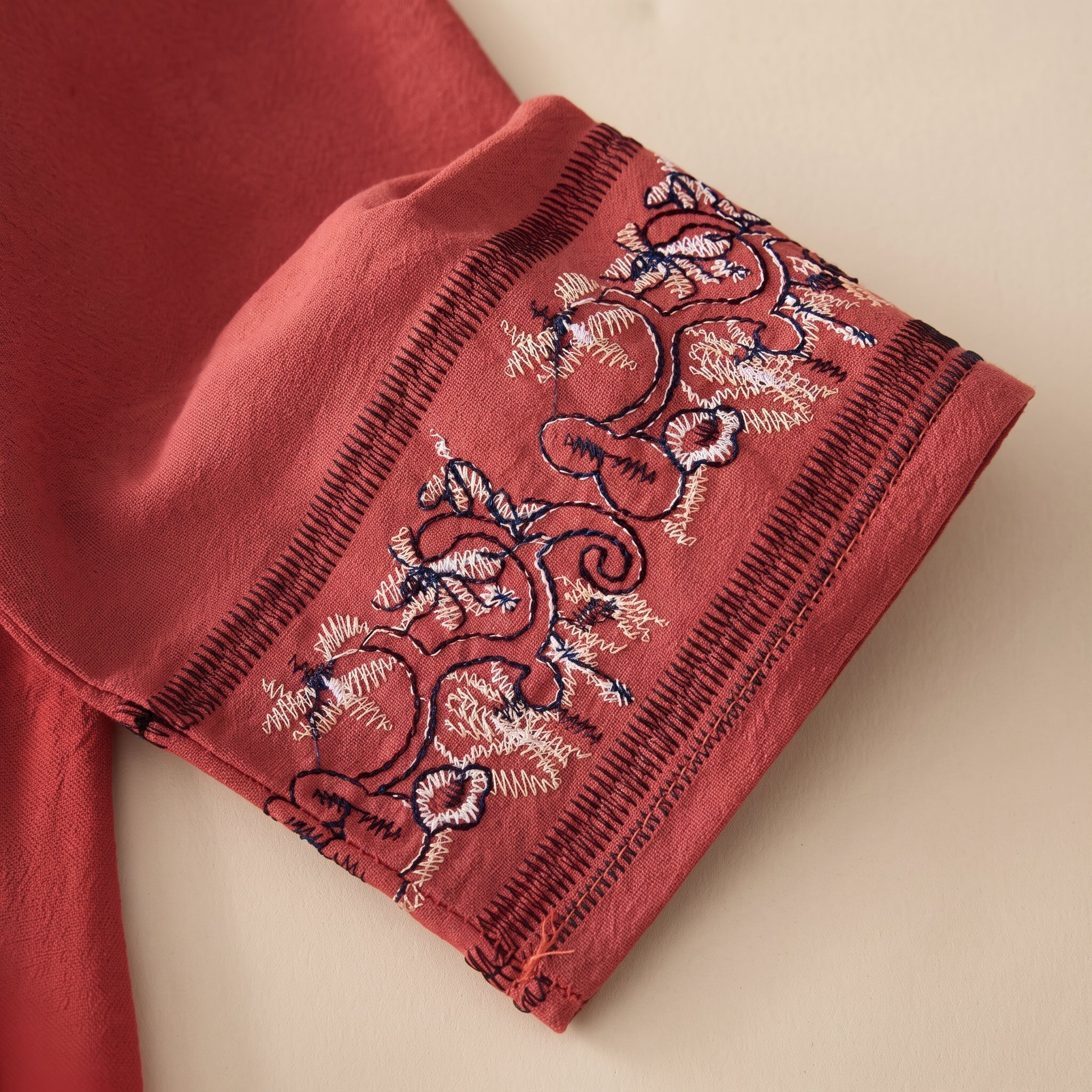 Olivia - Women's Summer Long Sleeve Embroidered Trim Blouse - Blouse - Red - Taylor & Bennett