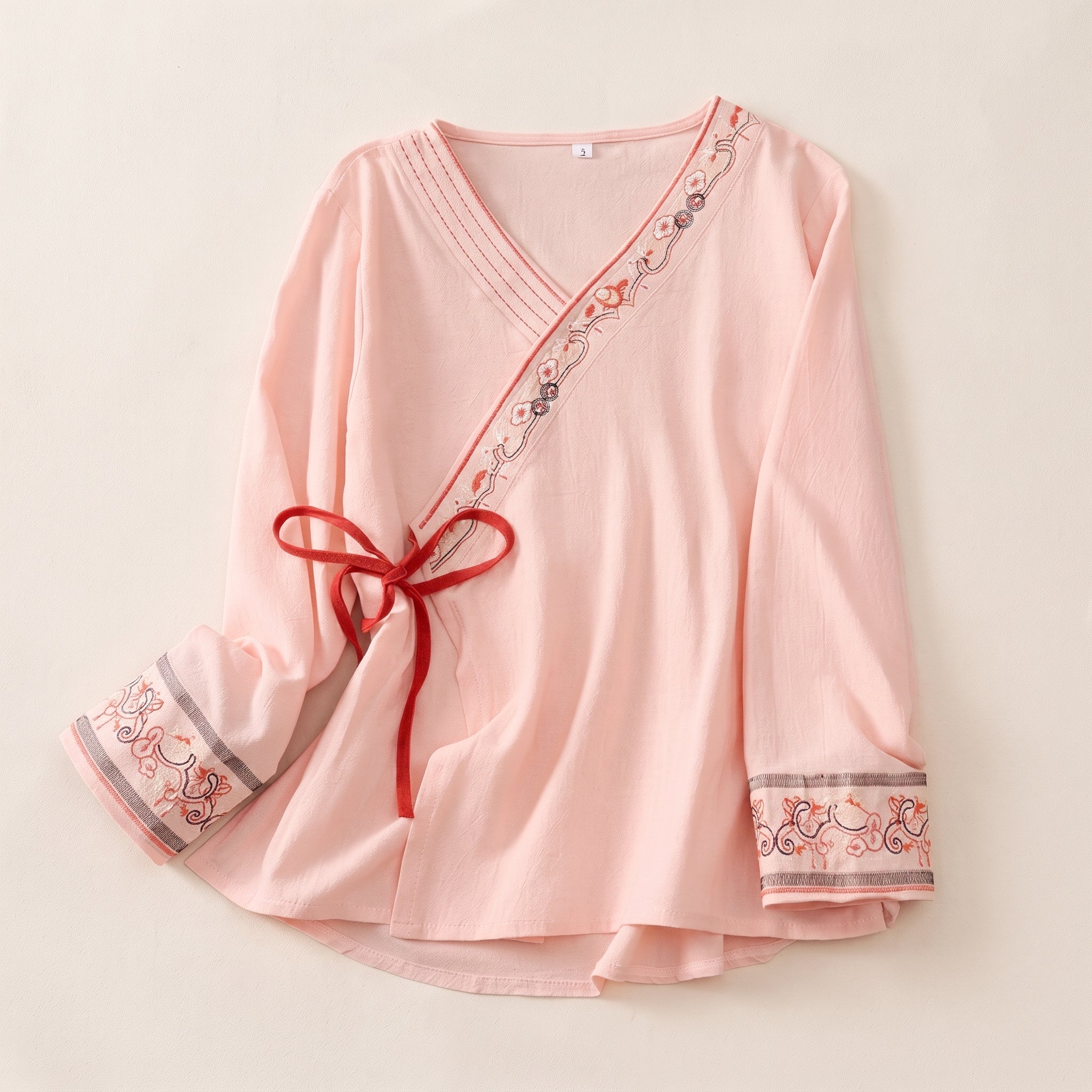Olivia - Women's Summer Long Sleeve Embroidered Trim Blouse - Blouse - Pink - Taylor & Bennett