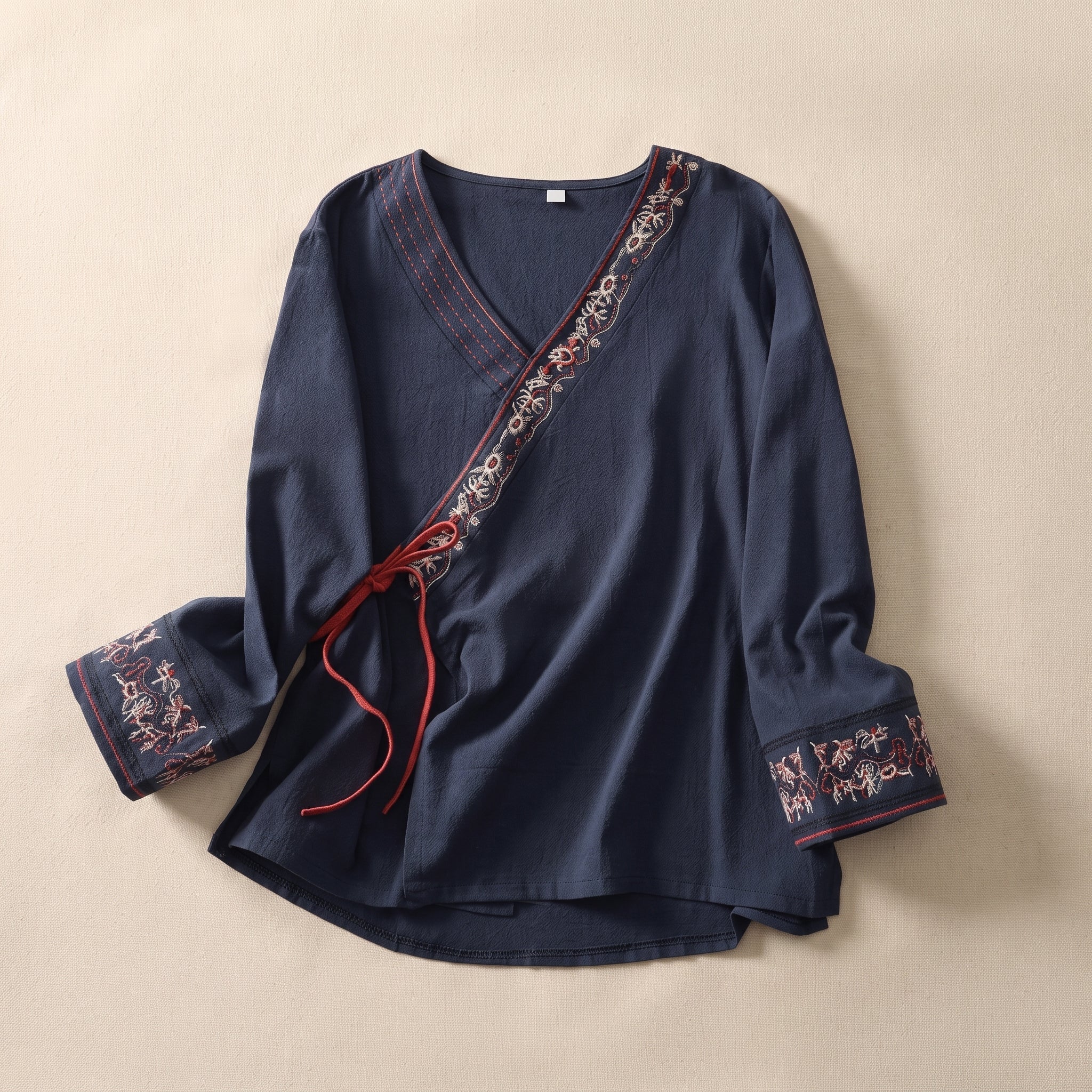 Olivia - Women's Summer Long Sleeve Embroidered Trim Blouse - Blouse - Navy Blue - Taylor & Bennett