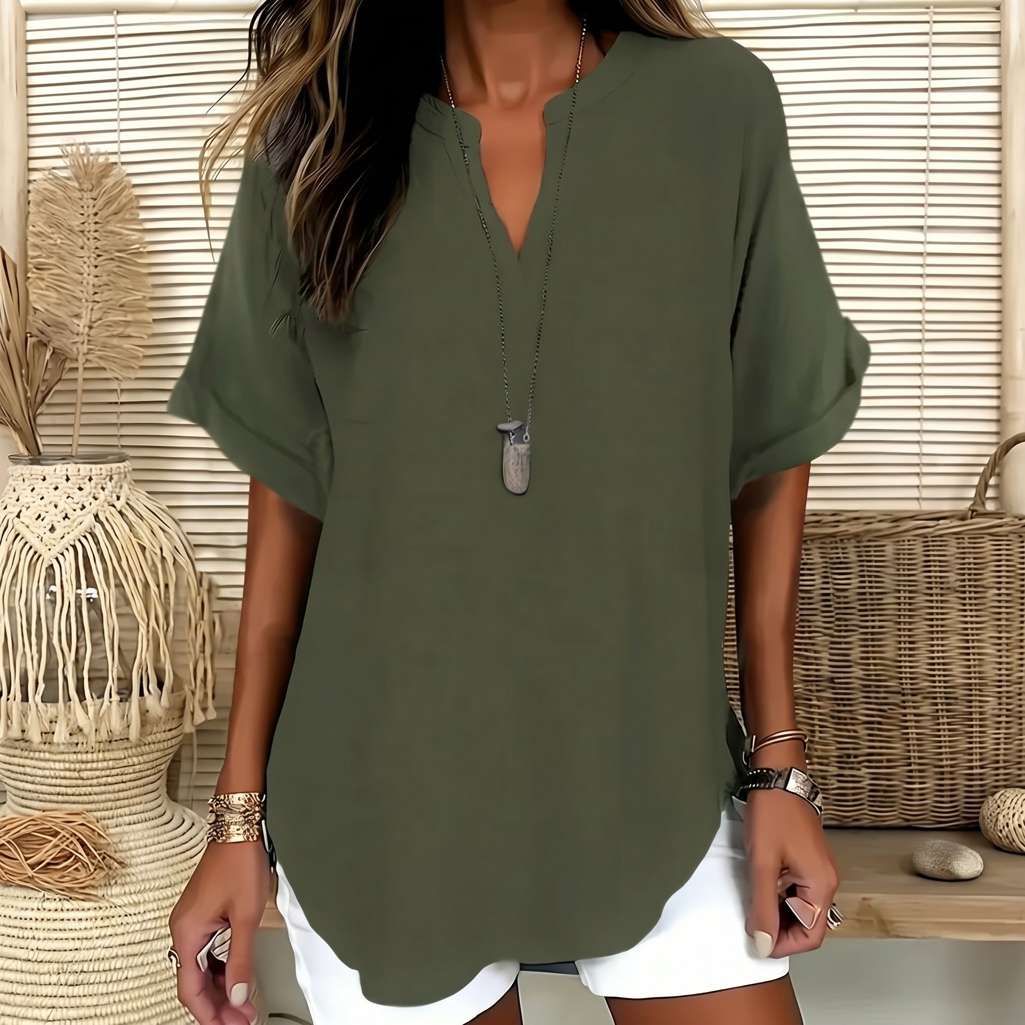 Olivia - Women's Summer Relaxed Fit Blouse - Blouse - Olive Green - Taylor & Bennett