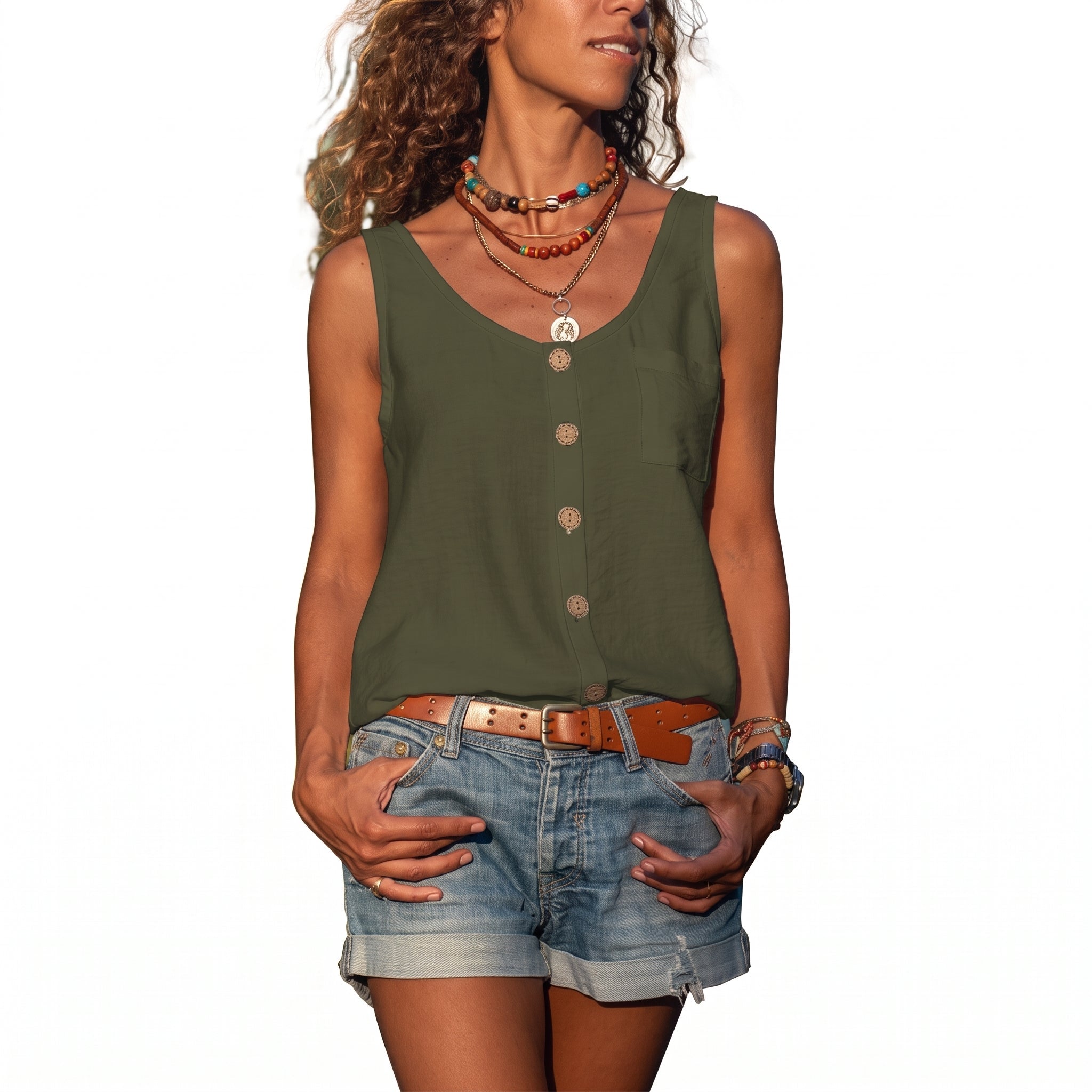 Olivia – Women's Summer Relaxed Fit Button-Down Vest Top - Blouses - Green - Taylor & Bennett