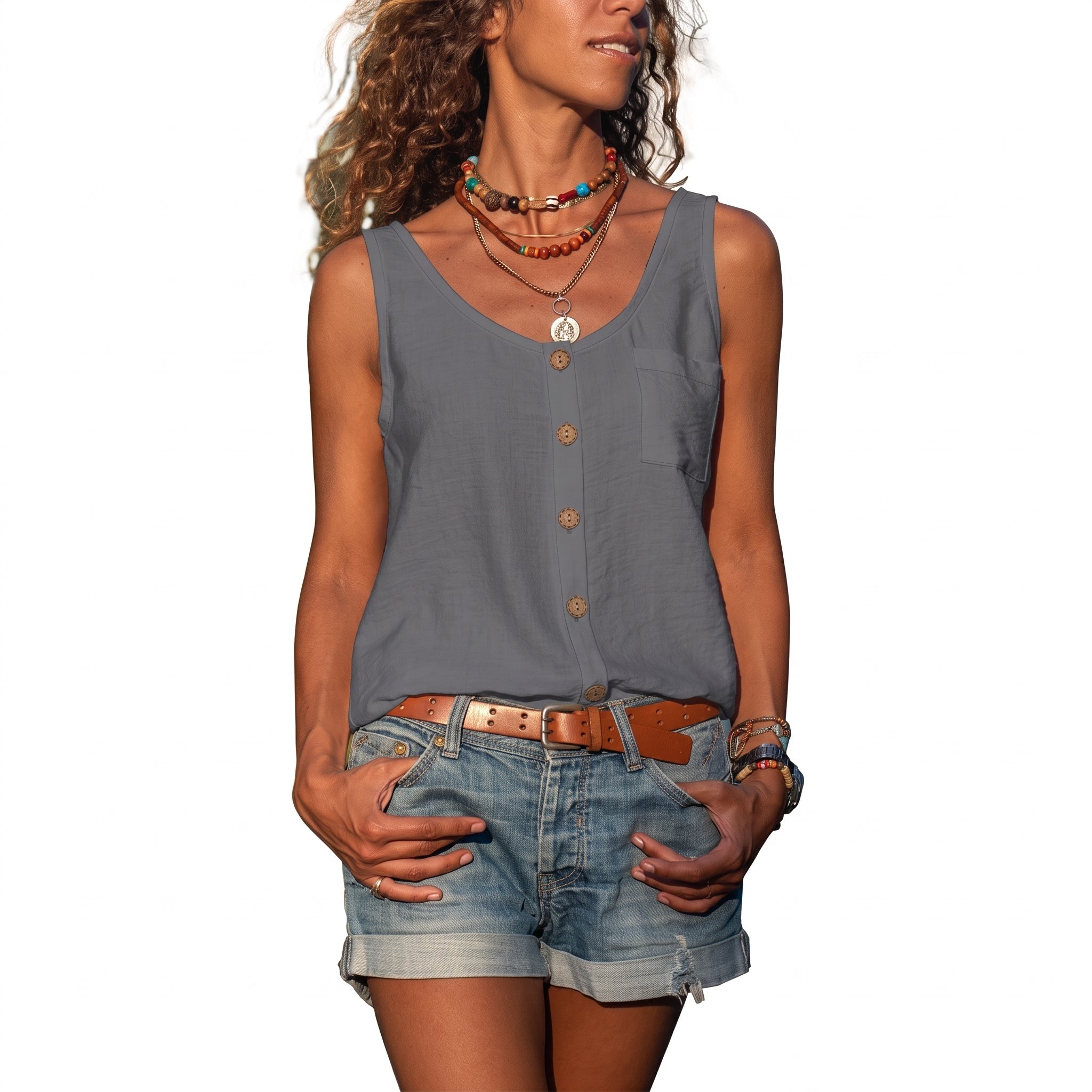 Olivia – Women's Summer Relaxed Fit Button-Down Vest Top - Blouses - Grey - Taylor & Bennett