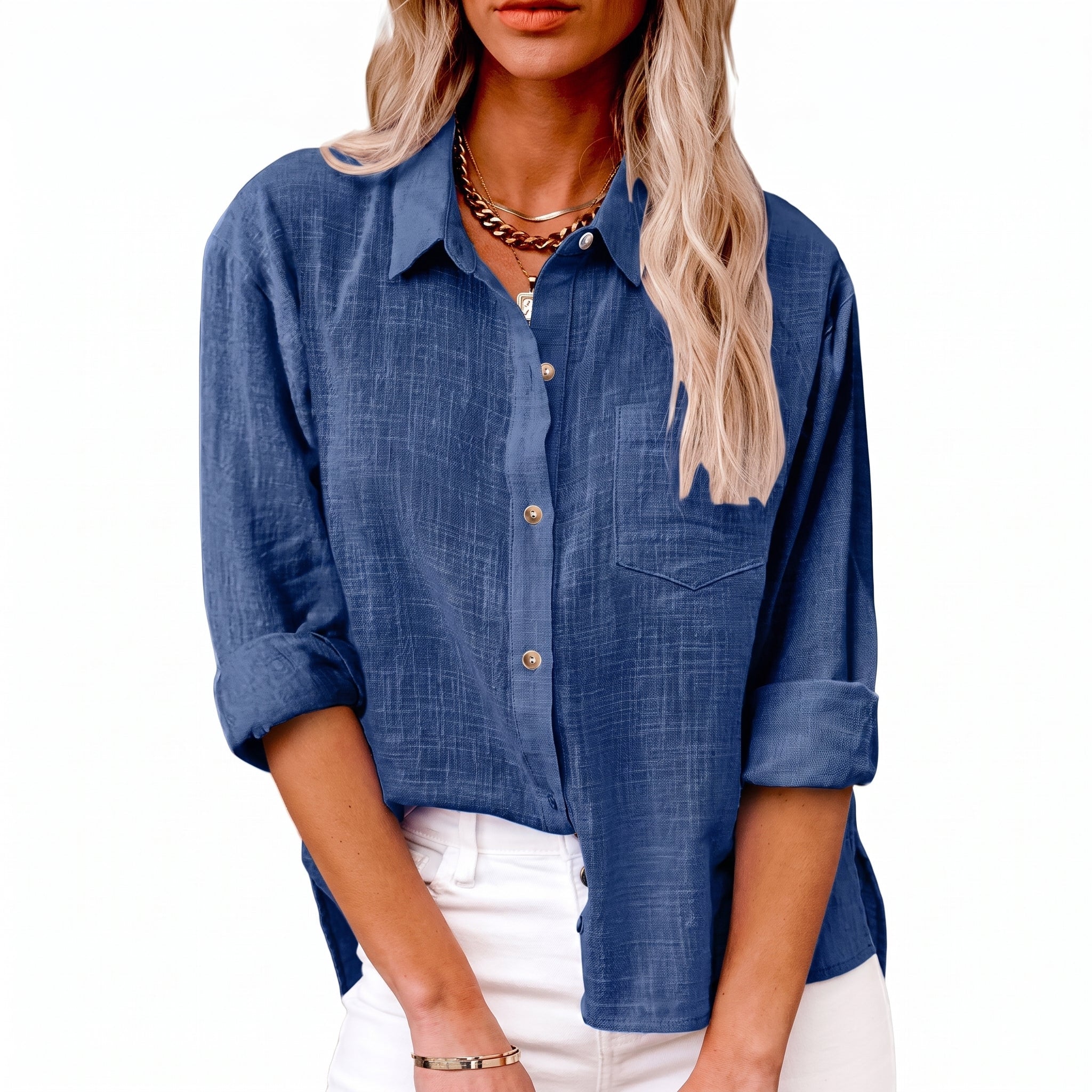 Olivia - Women's Summer Sheer Long Sleeve Point Collar Blouse - Blouses - Blue - Taylor & Bennett