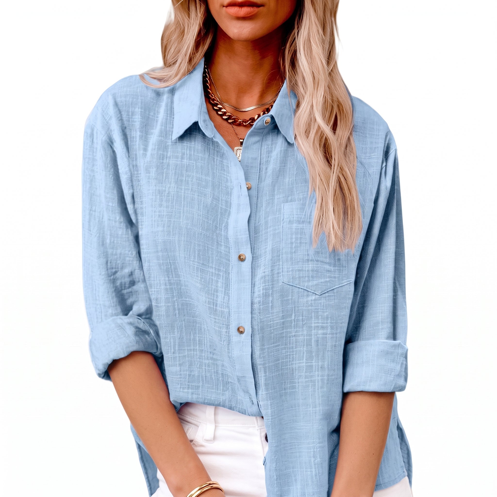 Olivia - Women's Summer Sheer Long Sleeve Point Collar Blouse - Blouses - Light Blue - Taylor & Bennett