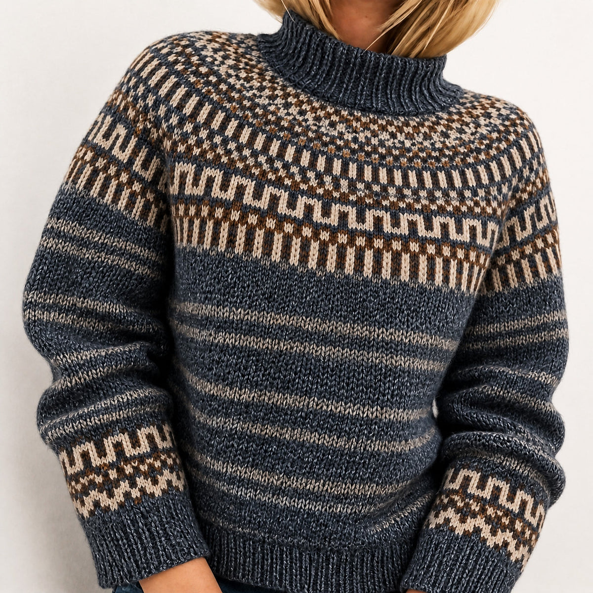 Oona - Women's Fair Isle Turtleneck Knit Jumper with Chunky Knit Texture - Sweaters - Dark Grey - Taylor & Bennett