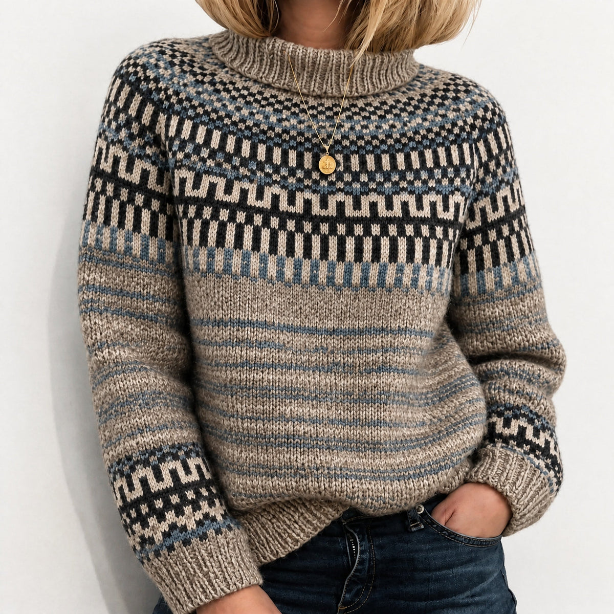 Oona - Women's Fair Isle Turtleneck Knit Jumper with Chunky Knit Texture - Sweaters - Light Brown - Taylor & Bennett